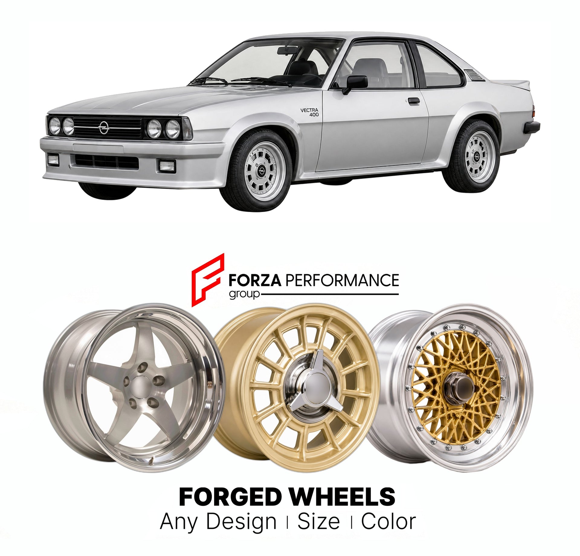 CUSTOM CLASSIC VINTAGE RESTOMOD RETRO OLD SCHOOL FORGED WHEELS RIMS for OPEL ASCONA VECTRA 400 1980 - 1984

Custom forged wheels for Opel Ascona Vectra 400 1980 - 1984. Classic, vintage, restomod wheel designs made to order in custom sizes, offsets, colors and finishes.

We manufacture premium quality forged wheels rims for Opel Ascona Vectra 400 1980 - 1984 in any design, size, color.

THIS WHEEL DESIGN CAN BE CUSTOM-MADE FOR YOUR CAR IN ANY SIZE AND COLOR OPTIONS
Available in monoblock, 2-piece, 3-piece, 