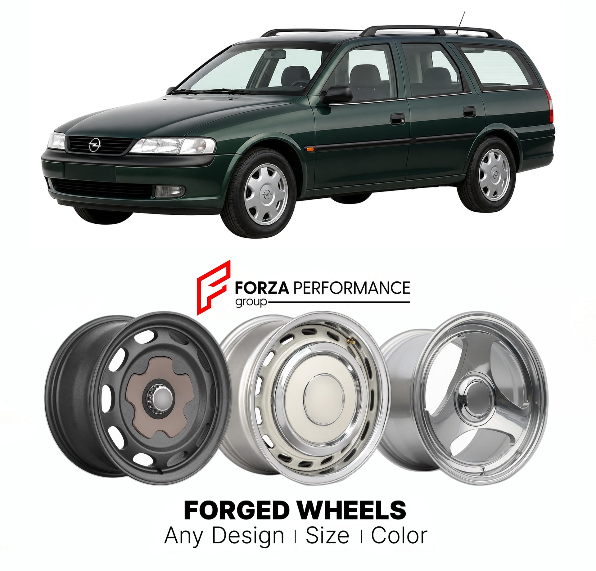 CUSTOM CLASSIC VINTAGE RESTOMOD RETRO OLD SCHOOL FORGED WHEELS RIMS for OPEL ASCONA VECTRA B CARAVAN 1996 - 2002

Custom forged wheels for Opel Ascona Vectra B Caravan 1996 - 2002. Classic, vintage, restomod wheel designs made to order in custom sizes, offsets, colors and finishes.

We manufacture premium quality forged wheels rims for Opel Ascona Vectra B Caravan 1996 - 2002 in any design, size, color.

THIS WHEEL DESIGN CAN BE CUSTOM-MADE FOR YOUR CAR IN ANY SIZE AND COLOR OPTIONS
Available in monoblock, 