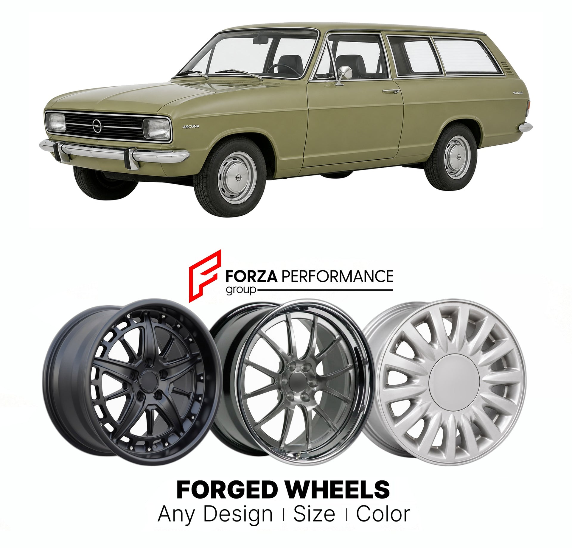 CUSTOM CLASSIC VINTAGE RESTOMOD RETRO OLD SCHOOL FORGED WHEELS RIMS for OPEL ASCONA VOYAGE 1970 - 1975

Custom forged wheels for Opel Ascona Voyage 1970 - 1975. Classic, vintage, restomod wheel designs made to order in custom sizes, offsets, colors and finishes.

We manufacture premium quality forged wheels rims for Opel Ascona Voyage 1970 - 1975 in any design, size, color.

THIS WHEEL DESIGN CAN BE CUSTOM-MADE FOR YOUR CAR IN ANY SIZE AND COLOR OPTIONS
Available in monoblock, 2-piece, 3-piece, duoblock, be