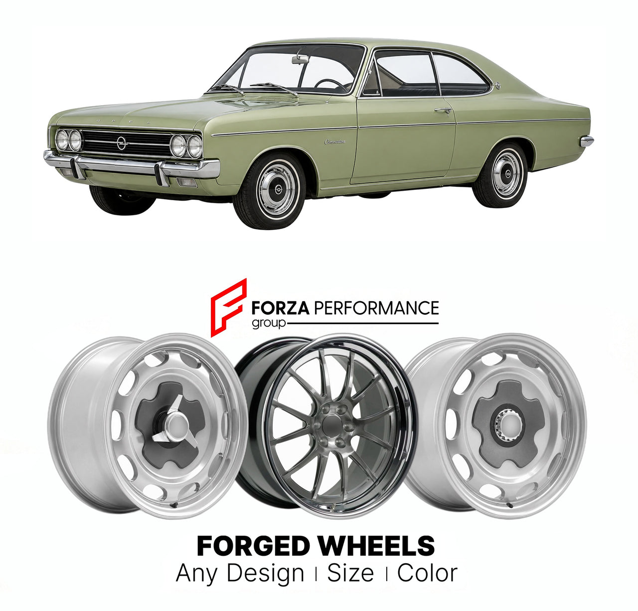 CUSTOM CLASSIC VINTAGE RESTOMOD RETRO OLD SCHOOL FORGED WHEELS RIMS for OPEL COMMODORE A 1967 - 1971

Custom forged wheels for Opel Commodore A 1967 - 1971. Classic, vintage, restomod wheel designs made to order in custom sizes, offsets, colors and finishes.

We manufacture premium quality forged wheels rims for Opel Commodore A 1967 - 1971 in any design, size, color.

THIS WHEEL DESIGN CAN BE CUSTOM-MADE FOR YOUR CAR IN ANY SIZE AND COLOR OPTIONS
Available in monoblock, 2-piece, 3-piece, duoblock, beadlock