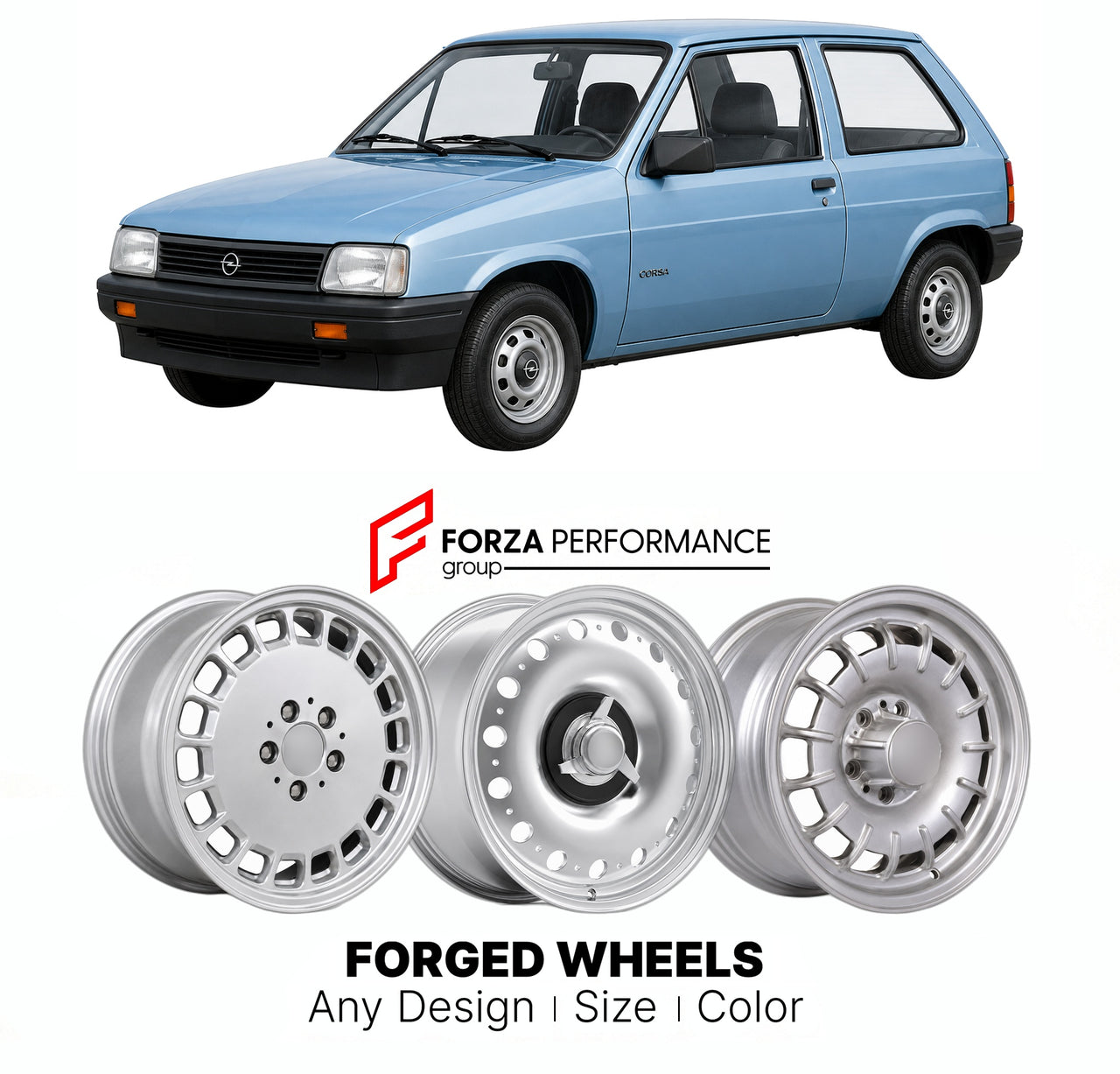 CUSTOM CLASSIC VINTAGE RESTOMOD RETRO OLD SCHOOL FORGED WHEELS RIMS for OPEL CORSA A 1982 - 1993

Custom forged wheels for Opel Corsa A 1982 - 1993. Classic, vintage, restomod wheel designs made to order in custom sizes, offsets, colors and finishes.

We manufacture premium quality forged wheels rims for Opel Corsa A 1982 - 1993 in any design, size, color.

THIS WHEEL DESIGN CAN BE CUSTOM-MADE FOR YOUR CAR IN ANY SIZE AND COLOR OPTIONS
Available in monoblock, 2-piece, 3-piece, duoblock, beadlock
3D wheel re