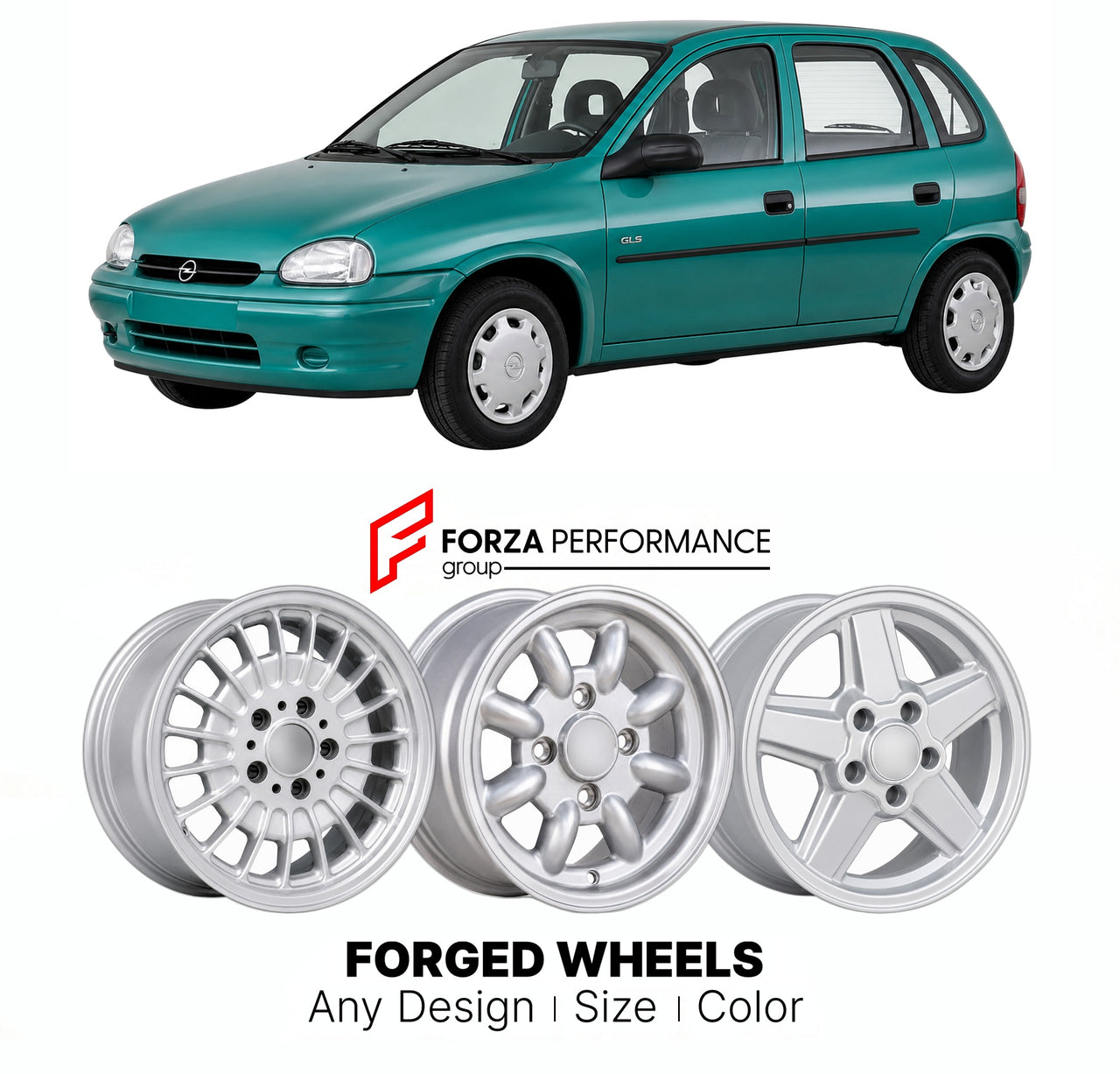 CUSTOM CLASSIC VINTAGE RESTOMOD RETRO OLD SCHOOL FORGED WHEELS RIMS for OPEL CORSA B 1993 - 2000

Custom forged wheels for Opel Corsa B 1993 - 2000. Classic, vintage, restomod wheel designs made to order in custom sizes, offsets, colors and finishes.

We manufacture premium quality forged wheels rims for Opel Corsa B 1993 - 2000 in any design, size, color.

THIS WHEEL DESIGN CAN BE CUSTOM-MADE FOR YOUR CAR IN ANY SIZE AND COLOR OPTIONS
Available in monoblock, 2-piece, 3-piece, duoblock, beadlock
3D wheel re