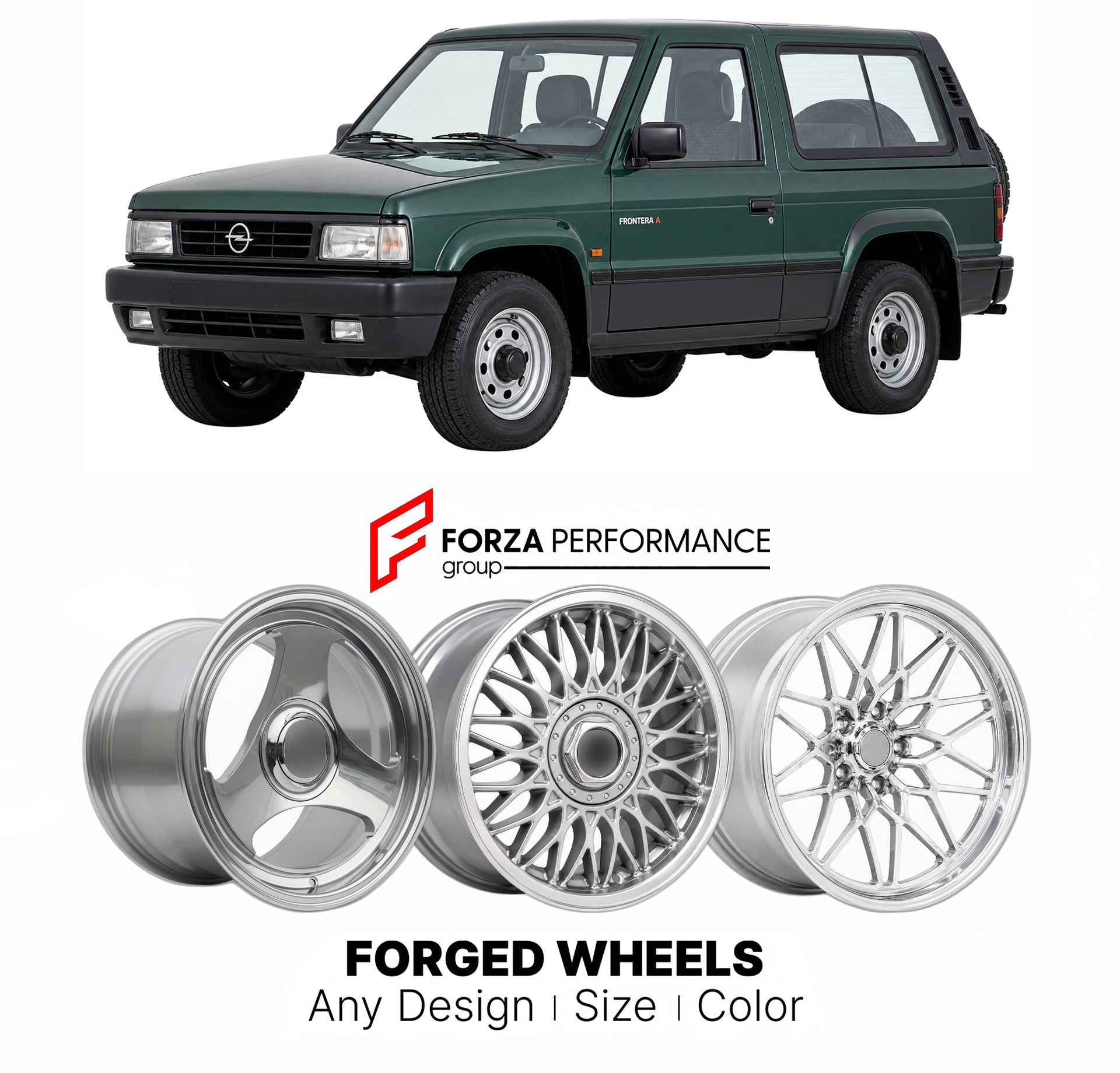 CUSTOM CLASSIC VINTAGE RESTOMOD RETRO OLD SCHOOL FORGED WHEELS RIMS for OPEL FRONT A 1991 - 1998

Custom forged wheels for Opel Front A 1991 - 1998. Classic, vintage, restomod wheel designs made to order in custom sizes, offsets, colors and finishes.

We manufacture premium quality forged wheels rims for Opel Front A 1991 - 1998 in any design, size, color.

THIS WHEEL DESIGN CAN BE CUSTOM-MADE FOR YOUR CAR IN ANY SIZE AND COLOR OPTIONS
Available in monoblock, 2-piece, 3-piece, duoblock, beadlock
3D wheel re