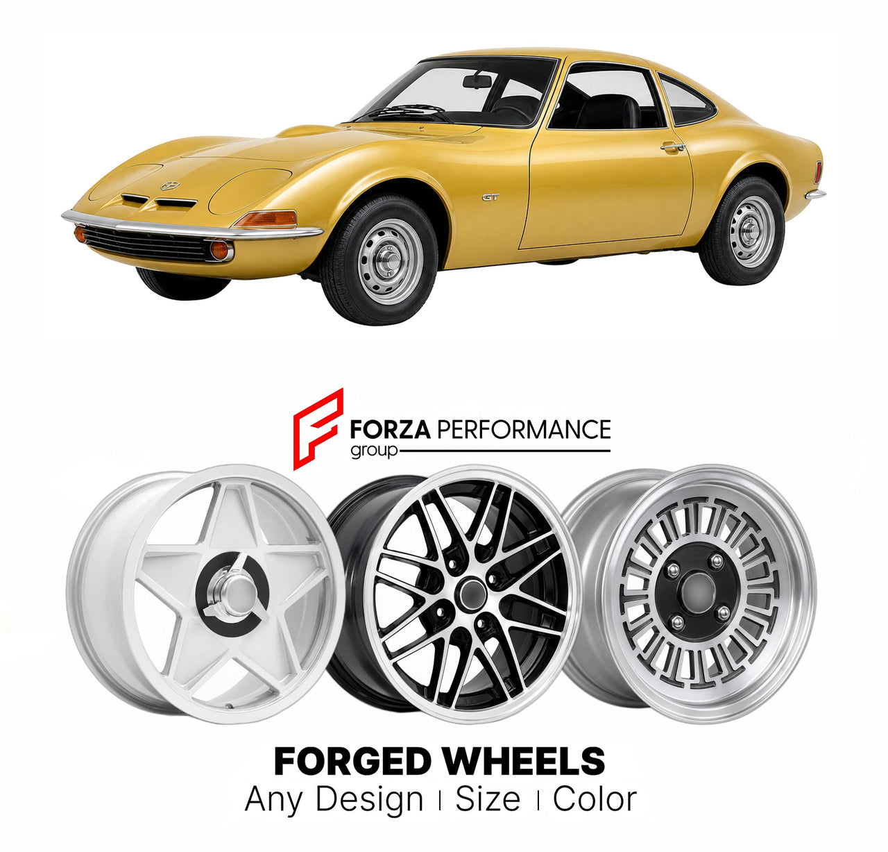 CUSTOM CLASSIC VINTAGE RESTOMOD RETRO OLD SCHOOL FORGED WHEELS RIMS for OPEL GT 1968 - 1973

Custom forged wheels for Opel GT 1968 - 1973. Classic, vintage, restomod wheel designs made to order in custom sizes, offsets, colors and finishes.

We manufacture premium quality forged wheels rims for Opel GT 1968 - 1973 in any design, size, color.

THIS WHEEL DESIGN CAN BE CUSTOM-MADE FOR YOUR CAR IN ANY SIZE AND COLOR OPTIONS
Available in monoblock, 2-piece, 3-piece, duoblock, beadlock
3D wheel renderings are pr