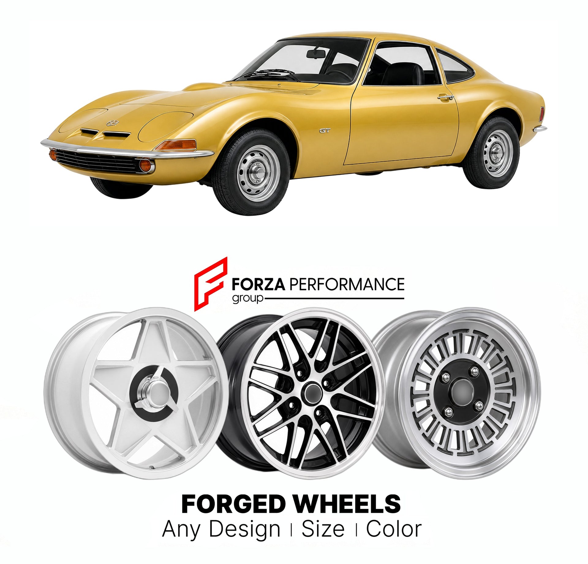 CUSTOM CLASSIC VINTAGE RESTOMOD RETRO OLD SCHOOL FORGED WHEELS RIMS for OPEL GT 1968 - 1973

Custom forged wheels for Opel GT 1968 - 1973. Classic, vintage, restomod wheel designs made to order in custom sizes, offsets, colors and finishes.

We manufacture premium quality forged wheels rims for Opel GT 1968 - 1973 in any design, size, color.

THIS WHEEL DESIGN CAN BE CUSTOM-MADE FOR YOUR CAR IN ANY SIZE AND COLOR OPTIONS
Available in monoblock, 2-piece, 3-piece, duoblock, beadlock
3D wheel renderings are pr