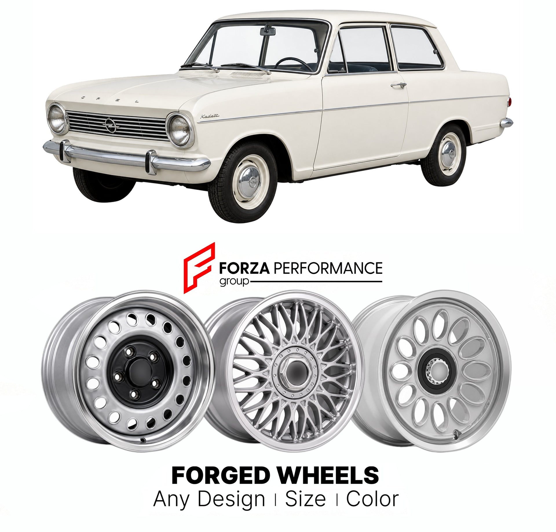 CUSTOM CLASSIC VINTAGE RESTOMOD RETRO OLD SCHOOL FORGED WHEELS RIMS for OPEL KADETT 1962 - 1965

Custom forged wheels for Opel Kadett 1962 - 1965. Classic, vintage, restomod wheel designs made to order in custom sizes, offsets, colors and finishes.

We manufacture premium quality forged wheels rims for Opel Kadett 1962 - 1965 in any design, size, color.

THIS WHEEL DESIGN CAN BE CUSTOM-MADE FOR YOUR CAR IN ANY SIZE AND COLOR OPTIONS
Available in monoblock, 2-piece, 3-piece, duoblock, beadlock
3D wheel rende
