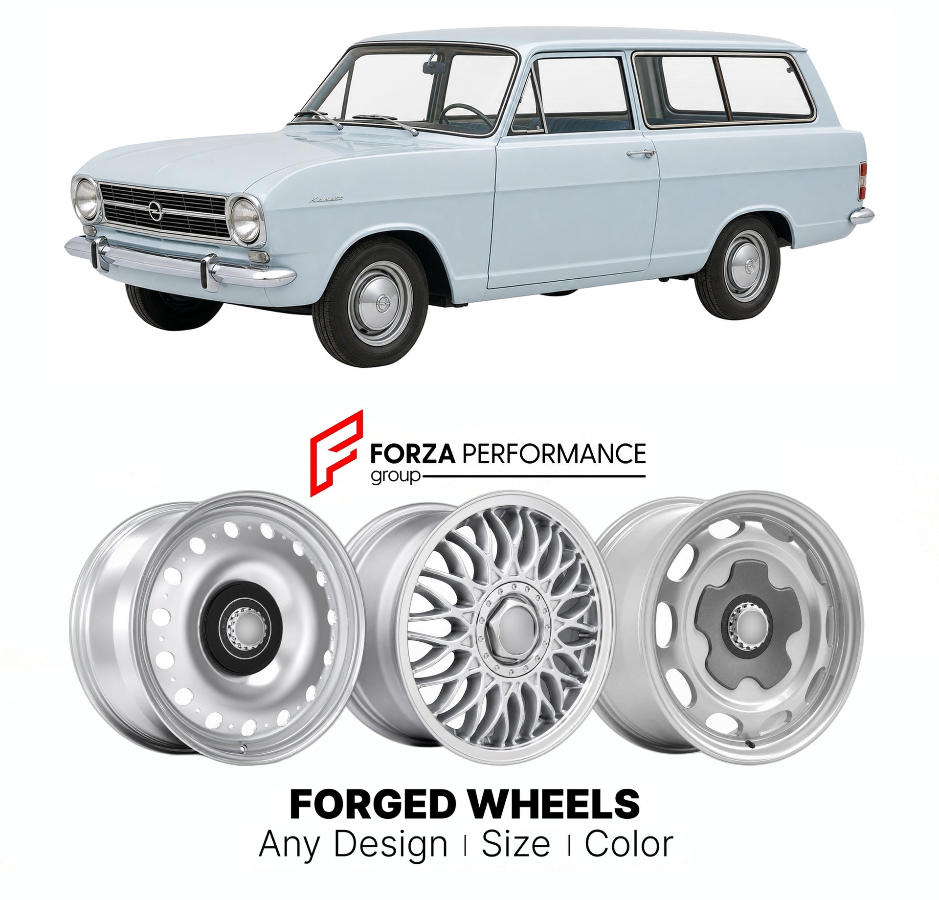 CUSTOM CLASSIC VINTAGE RESTOMOD RETRO OLD SCHOOL FORGED WHEELS RIMS for OPEL KADETT A CARAVAN 1963 - 1965

Custom forged wheels for Opel Kadett A Caravan 1963 - 1965. Classic, vintage, restomod wheel designs made to order in custom sizes, offsets, colors and finishes.

We manufacture premium quality forged wheels rims for Opel Kadett A Caravan 1963 - 1965 in any design, size, color.

THIS WHEEL DESIGN CAN BE CUSTOM-MADE FOR YOUR CAR IN ANY SIZE AND COLOR OPTIONS
Available in monoblock, 2-piece, 3-piece, duo