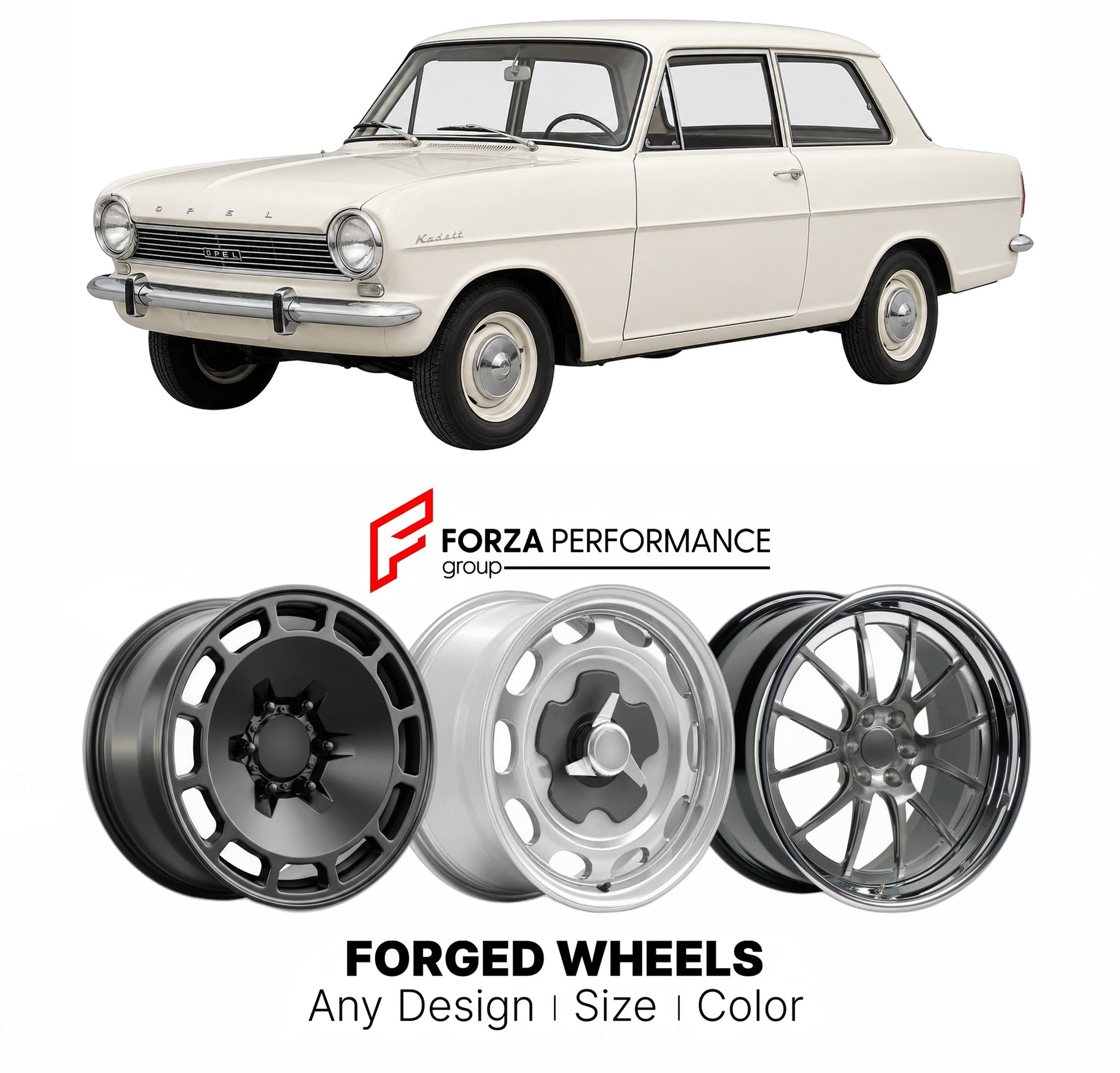 CUSTOM CLASSIC VINTAGE RESTOMOD RETRO OLD SCHOOL FORGED WHEELS RIMS for OPEL KADETT ASTRA 1962 - 1965

Custom forged wheels for Opel Kadett Astra 1962 - 1965. Classic, vintage, restomod wheel designs made to order in custom sizes, offsets, colors and finishes.

We manufacture premium quality forged wheels rims for Opel Kadett Astra 1962 - 1965 in any design, size, color.

THIS WHEEL DESIGN CAN BE CUSTOM-MADE FOR YOUR CAR IN ANY SIZE AND COLOR OPTIONS
Available in monoblock, 2-piece, 3-piece, duoblock, beadl