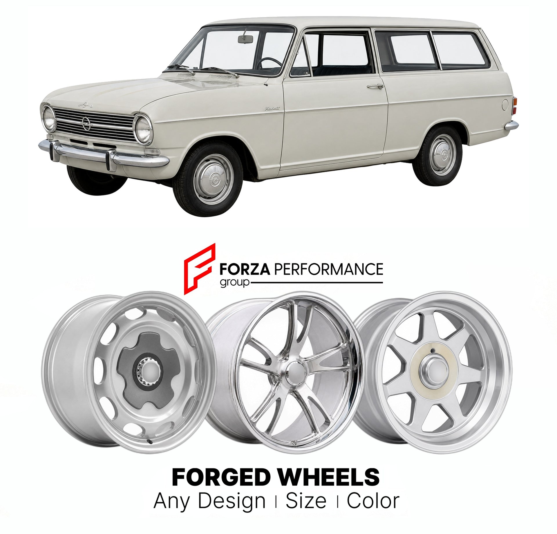 CUSTOM CLASSIC VINTAGE RESTOMOD RETRO OLD SCHOOL FORGED WHEELS RIMS for OPEL KADETT ASTRA A CARAVAN 1963 - 1965

Custom forged wheels for Opel Kadett Astra A Caravan 1963 - 1965. Classic, vintage, restomod wheel designs made to order in custom sizes, offsets, colors and finishes.

We manufacture premium quality forged wheels rims for Opel Kadett Astra A Caravan 1963 - 1965 in any design, size, color.

THIS WHEEL DESIGN CAN BE CUSTOM-MADE FOR YOUR CAR IN ANY SIZE AND COLOR OPTIONS
Available in monoblock, 2-p