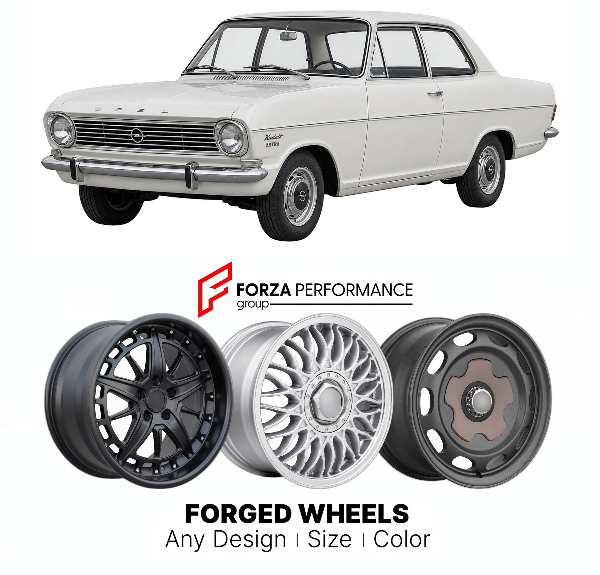 CUSTOM CLASSIC VINTAGE RESTOMOD RETRO OLD SCHOOL FORGED WHEELS RIMS for OPEL KADETT ASTRA B 1965 - 1973

Custom forged wheels for Opel Kadett Astra B 1965 - 1973. Classic, vintage, restomod wheel designs made to order in custom sizes, offsets, colors and finishes.

We manufacture premium quality forged wheels rims for Opel Kadett Astra B 1965 - 1973 in any design, size, color.

THIS WHEEL DESIGN CAN BE CUSTOM-MADE FOR YOUR CAR IN ANY SIZE AND COLOR OPTIONS
Available in monoblock, 2-piece, 3-piece, duoblock,