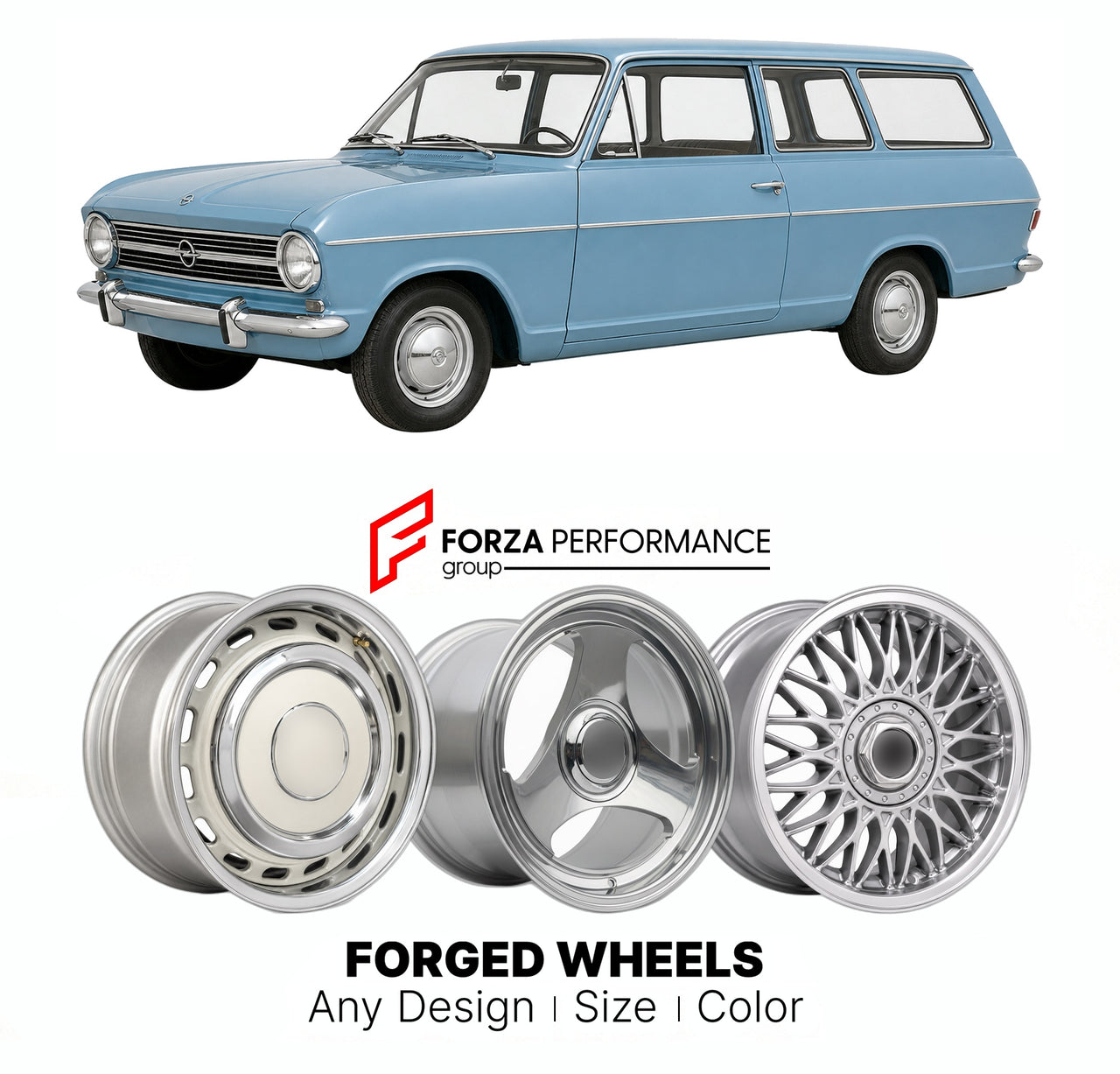 CUSTOM CLASSIC VINTAGE RESTOMOD RETRO OLD SCHOOL FORGED WHEELS RIMS for OPEL KADETT ASTRA B CARAVAN 1965 - 1973

Custom forged wheels for Opel Kadett Astra B Caravan 1965 - 1973. Classic, vintage, restomod wheel designs made to order in custom sizes, offsets, colors and finishes.

We manufacture premium quality forged wheels rims for Opel Kadett Astra B Caravan 1965 - 1973 in any design, size, color.

THIS WHEEL DESIGN CAN BE CUSTOM-MADE FOR YOUR CAR IN ANY SIZE AND COLOR OPTIONS
Available in monoblock, 2-p