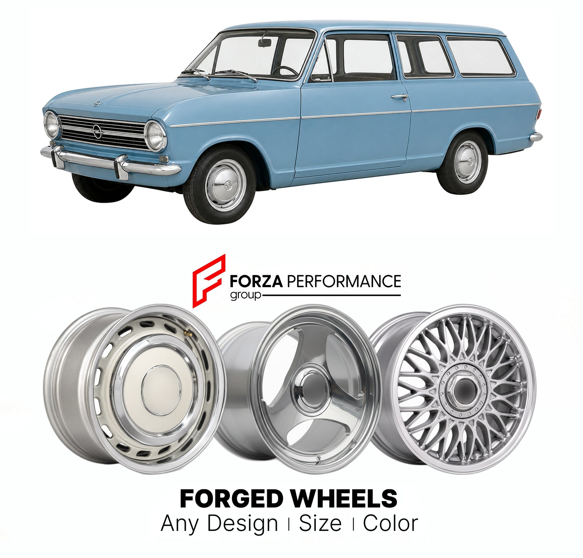 CUSTOM CLASSIC VINTAGE RESTOMOD RETRO OLD SCHOOL FORGED WHEELS RIMS for OPEL KADETT ASTRA B CARAVAN 1965 - 1973

Custom forged wheels for Opel Kadett Astra B Caravan 1965 - 1973. Classic, vintage, restomod wheel designs made to order in custom sizes, offsets, colors and finishes.

We manufacture premium quality forged wheels rims for Opel Kadett Astra B Caravan 1965 - 1973 in any design, size, color.

THIS WHEEL DESIGN CAN BE CUSTOM-MADE FOR YOUR CAR IN ANY SIZE AND COLOR OPTIONS
Available in monoblock, 2-p