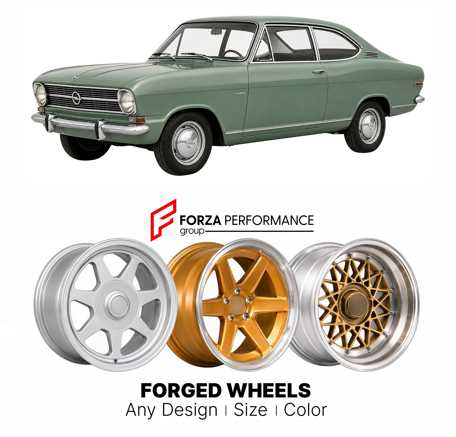 CUSTOM CLASSIC VINTAGE RESTOMOD RETRO OLD SCHOOL FORGED WHEELS RIMS for OPEL KADETT ASTRA B COUPE 1965 - 1973

Custom forged wheels for Opel Kadett Astra B Coupe 1965 - 1973. Classic, vintage, restomod wheel designs made to order in custom sizes, offsets, colors and finishes.

We manufacture premium quality forged wheels rims for Opel Kadett Astra B Coupe 1965 - 1973 in any design, size, color.

THIS WHEEL DESIGN CAN BE CUSTOM-MADE FOR YOUR CAR IN ANY SIZE AND COLOR OPTIONS
Available in monoblock, 2-piece, 