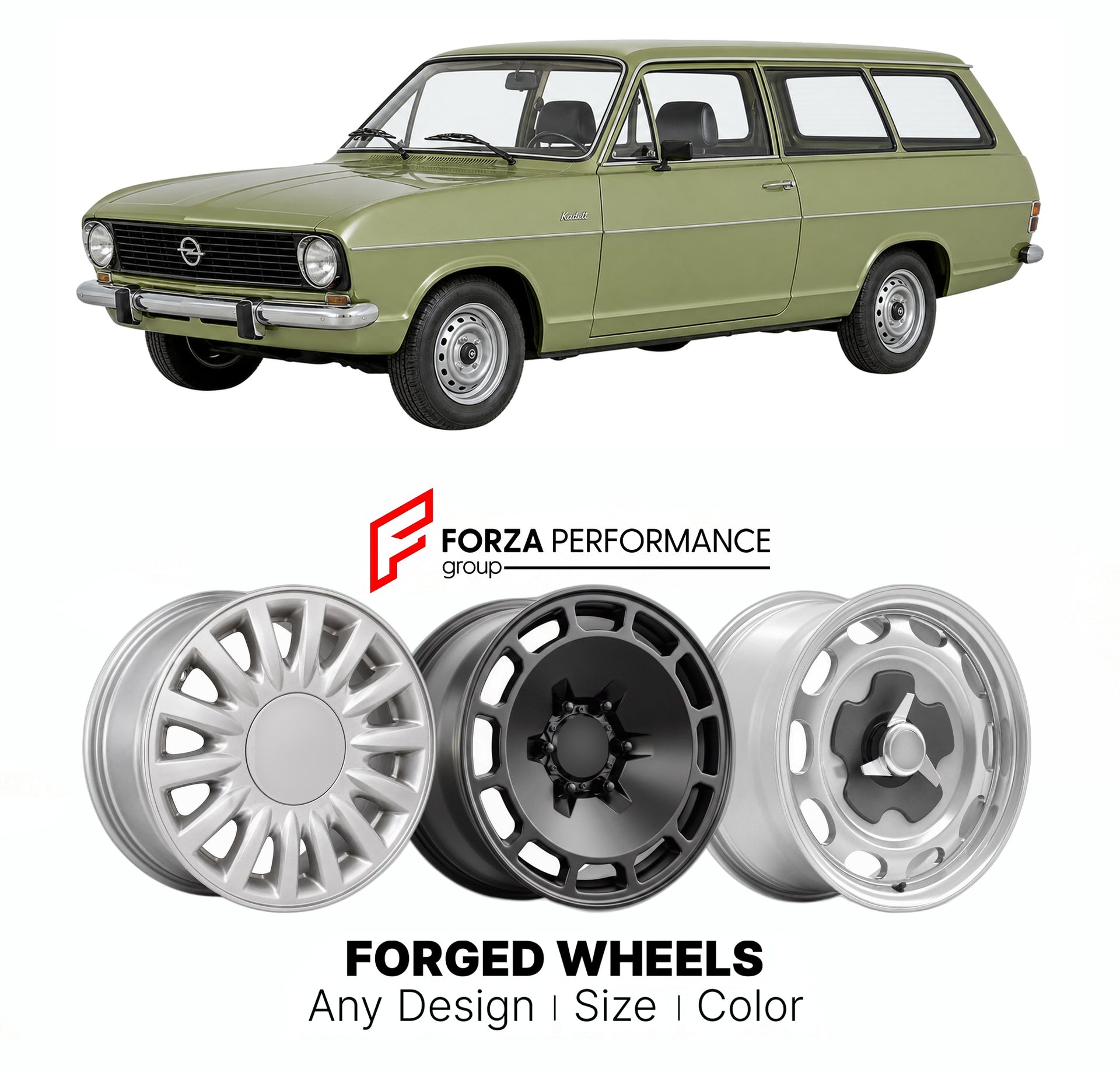 CUSTOM CLASSIC VINTAGE RESTOMOD RETRO OLD SCHOOL FORGED WHEELS RIMS for OPEL KADETT ASTRA C CARAVAN 1973 - 1979

Custom forged wheels for Opel Kadett Astra C Caravan 1973 - 1979. Classic, vintage, restomod wheel designs made to order in custom sizes, offsets, colors and finishes.

We manufacture premium quality forged wheels rims for Opel Kadett Astra C Caravan 1973 - 1979 in any design, size, color.

THIS WHEEL DESIGN CAN BE CUSTOM-MADE FOR YOUR CAR IN ANY SIZE AND COLOR OPTIONS
Available in monoblock, 2-p
