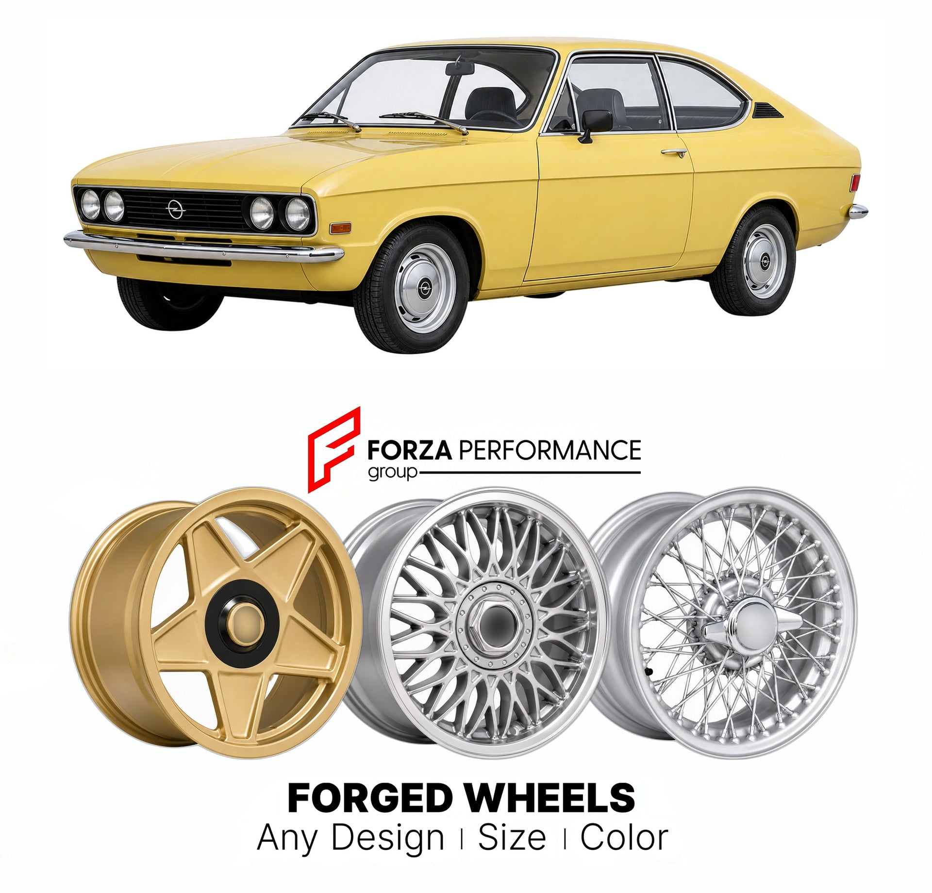 CUSTOM CLASSIC VINTAGE RESTOMOD RETRO OLD SCHOOL FORGED WHEELS RIMS for OPEL KADETT ASTRA C COUPE 1973 - 1979

Custom forged wheels for Opel Kadett Astra C Coupe 1973 - 1979. Classic, vintage, restomod wheel designs made to order in custom sizes, offsets, colors and finishes.

We manufacture premium quality forged wheels rims for Opel Kadett Astra C Coupe 1973 - 1979 in any design, size, color.

THIS WHEEL DESIGN CAN BE CUSTOM-MADE FOR YOUR CAR IN ANY SIZE AND COLOR OPTIONS
Available in monoblock, 2-piece, 