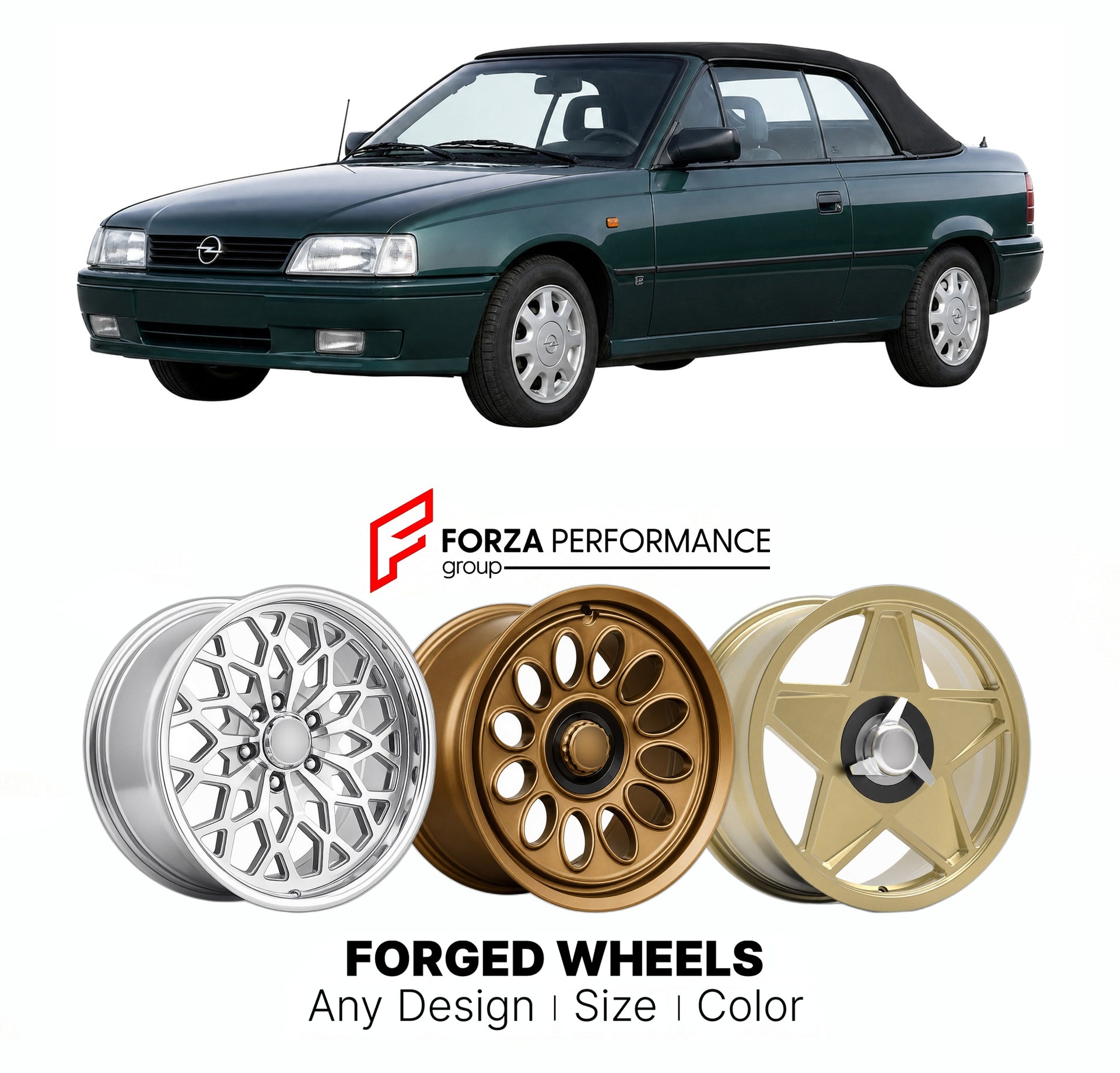 CUSTOM CLASSIC VINTAGE RESTOMOD RETRO OLD SCHOOL FORGED WHEELS RIMS for OPEL KADETT ASTRA F CABRIOLET 1993 - 2000

Custom forged wheels for Opel Kadett Astra F Cabriolet 1993 - 2000. Classic, vintage, restomod wheel designs made to order in custom sizes, offsets, colors and finishes.

We manufacture premium quality forged wheels rims for Opel Kadett Astra F Cabriolet 1993 - 2000 in any design, size, color.

THIS WHEEL DESIGN CAN BE CUSTOM-MADE FOR YOUR CAR IN ANY SIZE AND COLOR OPTIONS
Available in monobloc