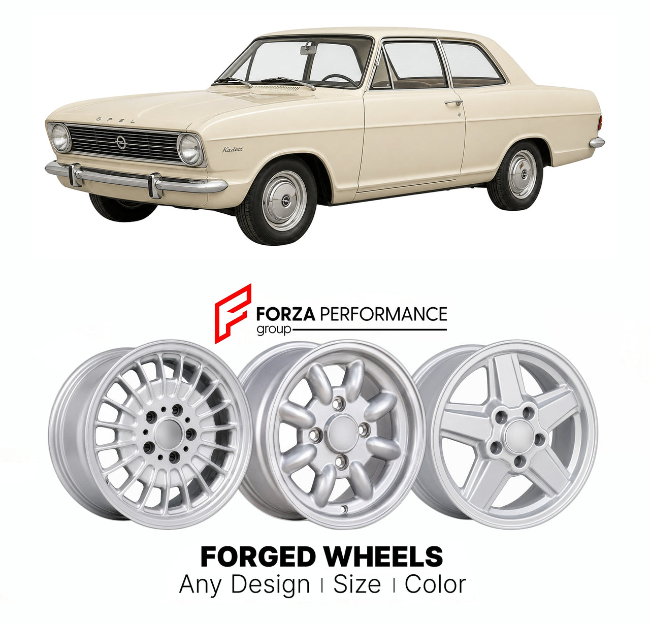 CUSTOM CLASSIC VINTAGE RESTOMOD RETRO OLD SCHOOL FORGED WHEELS RIMS for OPEL KADETT B 1965 - 1973

Custom forged wheels for Opel Kadett B 1965 - 1973. Classic, vintage, restomod wheel designs made to order in custom sizes, offsets, colors and finishes.

We manufacture premium quality forged wheels rims for Opel Kadett B 1965 - 1973 in any design, size, color.

THIS WHEEL DESIGN CAN BE CUSTOM-MADE FOR YOUR CAR IN ANY SIZE AND COLOR OPTIONS
Available in monoblock, 2-piece, 3-piece, duoblock, beadlock
3D wheel