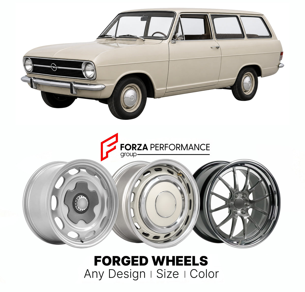 CUSTOM CLASSIC VINTAGE RESTOMOD RETRO OLD SCHOOL FORGED WHEELS RIMS for OPEL KADETT B CARAVAN 1965 - 1973

Custom forged wheels for Opel Kadett B Caravan 1965 - 1973. Classic, vintage, restomod wheel designs made to order in custom sizes, offsets, colors and finishes.

We manufacture premium quality forged wheels rims for Opel Kadett B Caravan 1965 - 1973 in any design, size, color.

THIS WHEEL DESIGN CAN BE CUSTOM-MADE FOR YOUR CAR IN ANY SIZE AND COLOR OPTIONS
Available in monoblock, 2-piece, 3-piece, duo