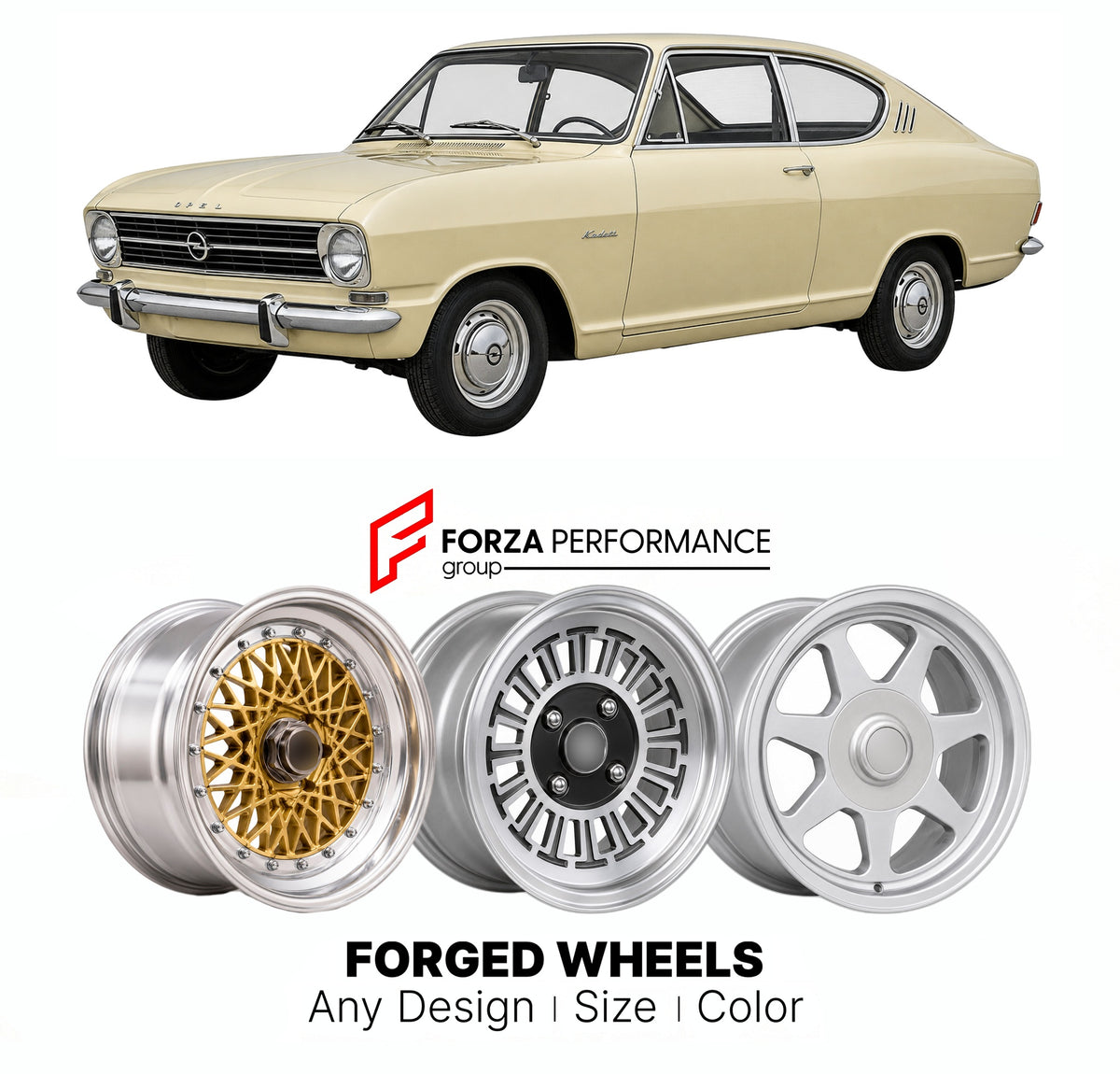 CUSTOM CLASSIC VINTAGE RESTOMOD RETRO OLD SCHOOL FORGED WHEELS RIMS for OPEL KADETT B COUPE 1965 - 1973

Custom forged wheels for Opel Kadett B Coupe 1965 - 1973. Classic, vintage, restomod wheel designs made to order in custom sizes, offsets, colors and finishes.

We manufacture premium quality forged wheels rims for Opel Kadett B Coupe 1965 - 1973 in any design, size, color.

THIS WHEEL DESIGN CAN BE CUSTOM-MADE FOR YOUR CAR IN ANY SIZE AND COLOR OPTIONS
Available in monoblock, 2-piece, 3-piece, duoblock,