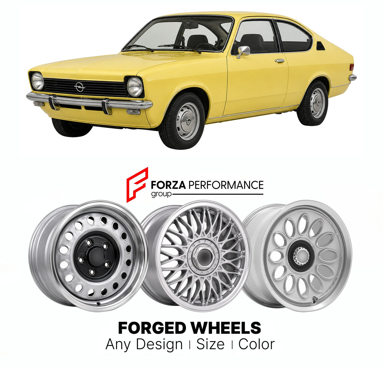 CUSTOM CLASSIC VINTAGE RESTOMOD RETRO OLD SCHOOL FORGED WHEELS RIMS for OPEL KADETT C 1973 - 1979

Custom forged wheels for Opel Kadett C 1973 - 1979. Classic, vintage, restomod wheel designs made to order in custom sizes, offsets, colors and finishes.

We manufacture premium quality forged wheels rims for Opel Kadett C 1973 - 1979 in any design, size, color.

THIS WHEEL DESIGN CAN BE CUSTOM-MADE FOR YOUR CAR IN ANY SIZE AND COLOR OPTIONS
Available in monoblock, 2-piece, 3-piece, duoblock, beadlock
3D wheel