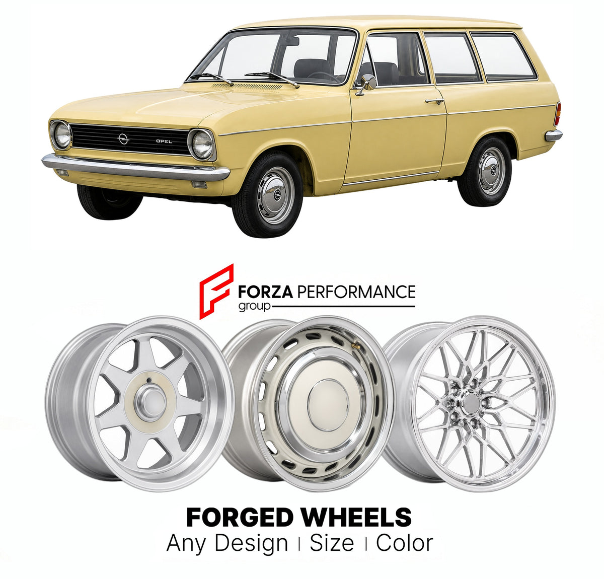 CUSTOM CLASSIC VINTAGE RESTOMOD RETRO OLD SCHOOL FORGED WHEELS RIMS for OPEL KADETT C CARAVAN 1973 - 1979

Custom forged wheels for Opel Kadett C Caravan 1973 - 1979. Classic, vintage, restomod wheel designs made to order in custom sizes, offsets, colors and finishes.

We manufacture premium quality forged wheels rims for Opel Kadett C Caravan 1973 - 1979 in any design, size, color.

THIS WHEEL DESIGN CAN BE CUSTOM-MADE FOR YOUR CAR IN ANY SIZE AND COLOR OPTIONS
Available in monoblock, 2-piece, 3-piece, duo
