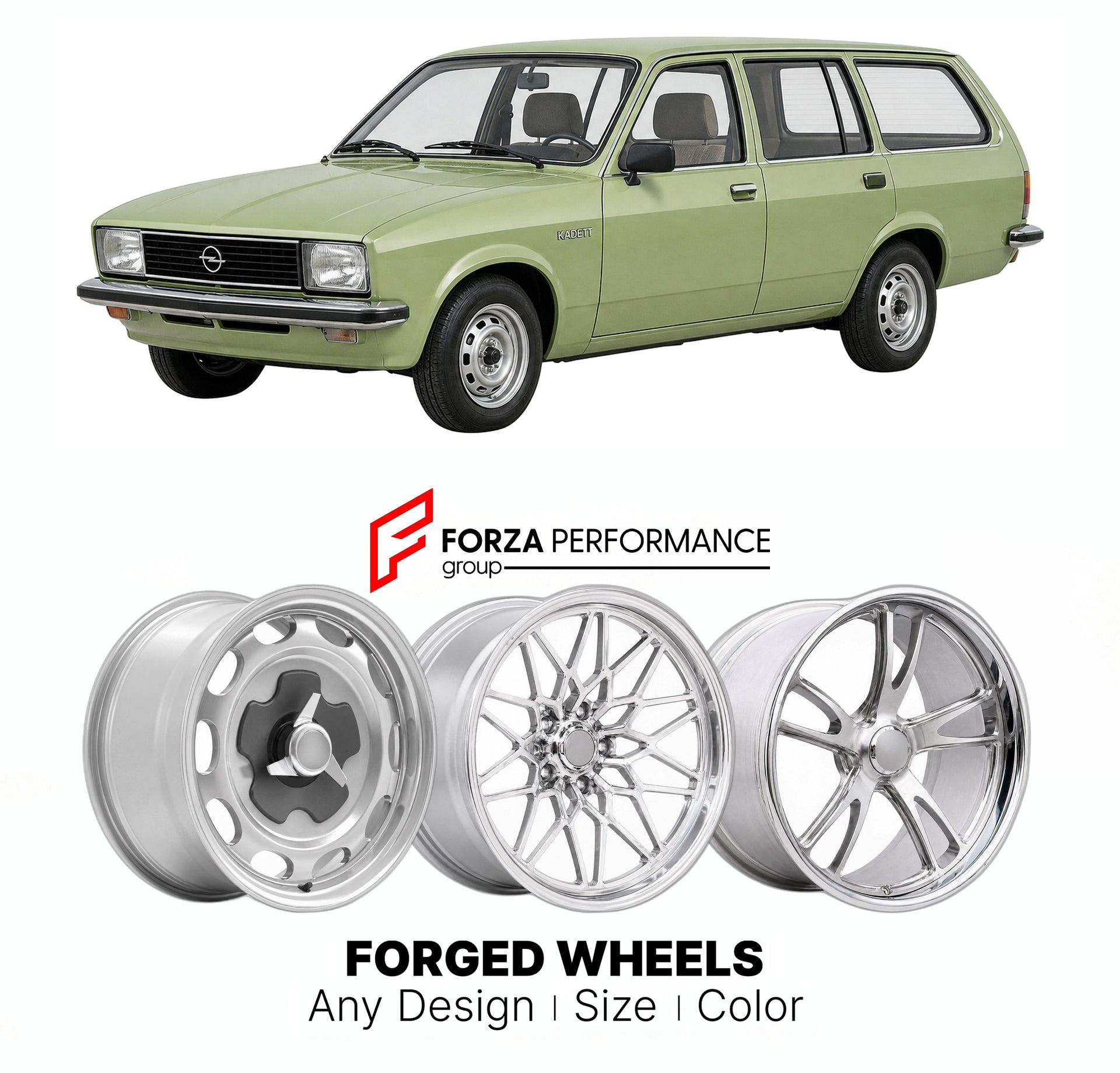 CUSTOM CLASSIC VINTAGE RESTOMOD RETRO OLD SCHOOL FORGED WHEELS RIMS for OPEL KADETT D CARAVAN 1979 - 1984

Custom forged wheels for Opel Kadett D Caravan 1979 - 1984. Classic, vintage, restomod wheel designs made to order in custom sizes, offsets, colors and finishes.

We manufacture premium quality forged wheels rims for Opel Kadett D Caravan 1979 - 1984 in any design, size, color.

THIS WHEEL DESIGN CAN BE CUSTOM-MADE FOR YOUR CAR IN ANY SIZE AND COLOR OPTIONS
Available in monoblock, 2-piece, 3-piece, duo