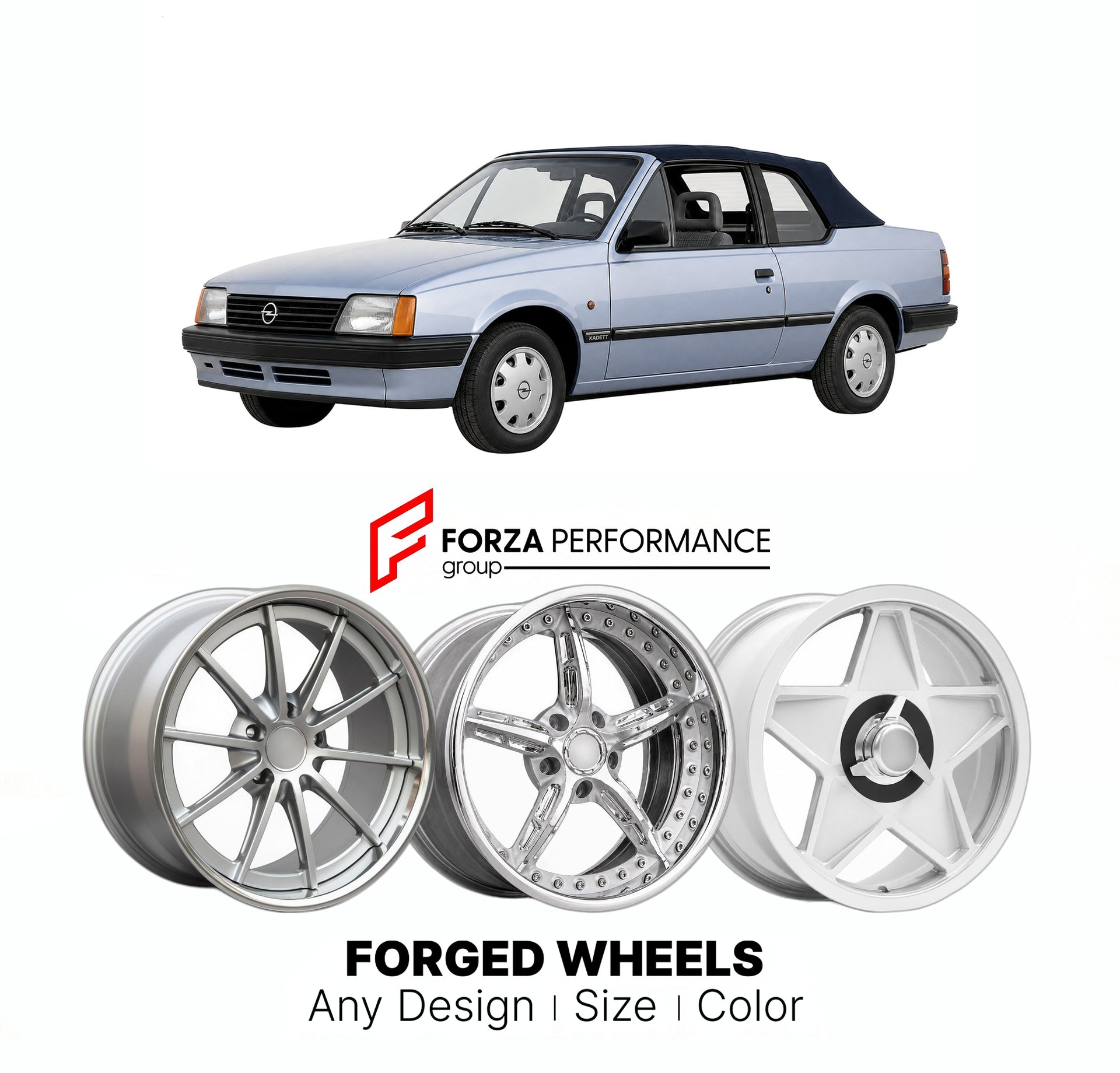 CUSTOM CLASSIC VINTAGE RESTOMOD RETRO OLD SCHOOL FORGED WHEELS RIMS for OPEL KADETT E CABRIOLET 1987 - 1993

Custom forged wheels for Opel Kadett E Cabriolet 1987 - 1993. Classic, vintage, restomod wheel designs made to order in custom sizes, offsets, colors and finishes.

We manufacture premium quality forged wheels rims for Opel Kadett E Cabriolet 1987 - 1993 in any design, size, color.

THIS WHEEL DESIGN CAN BE CUSTOM-MADE FOR YOUR CAR IN ANY SIZE AND COLOR OPTIONS
Available in monoblock, 2-piece, 3-piec