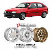 CUSTOM CLASSIC VINTAGE RESTOMOD RETRO OLD SCHOOL FORGED WHEELS RIMS for OPEL KADETT GSI 16V E MK 2 1987 - 1991

Custom forged wheels for Opel Kadett GSi 16V E MK 2 1987 - 1991. Classic, vintage, restomod wheel designs made to order in custom sizes, offsets, colors and finishes.

We manufacture premium quality forged wheels rims for Opel Kadett GSi 16V E MK 2 1987 - 1991 in any design, size, color.

THIS WHEEL DESIGN CAN BE CUSTOM-MADE FOR YOUR CAR IN ANY SIZE AND COLOR OPTIONS
Available in monoblock, 2-piec