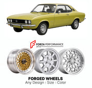 CUSTOM CLASSIC VINTAGE RESTOMOD RETRO OLD SCHOOL FORGED WHEELS RIMS for OPEL MANTA A 1970 - 1975

Custom forged wheels for Opel Manta A 1970 - 1975. Classic, vintage, restomod wheel designs made to order in custom sizes, offsets, colors and finishes.

We manufacture premium quality forged wheels rims for Opel Manta A 1970 - 1975 in any design, size, color.

THIS WHEEL DESIGN CAN BE CUSTOM-MADE FOR YOUR CAR IN ANY SIZE AND COLOR OPTIONS
Available in monoblock, 2-piece, 3-piece, duoblock, beadlock
3D wheel re