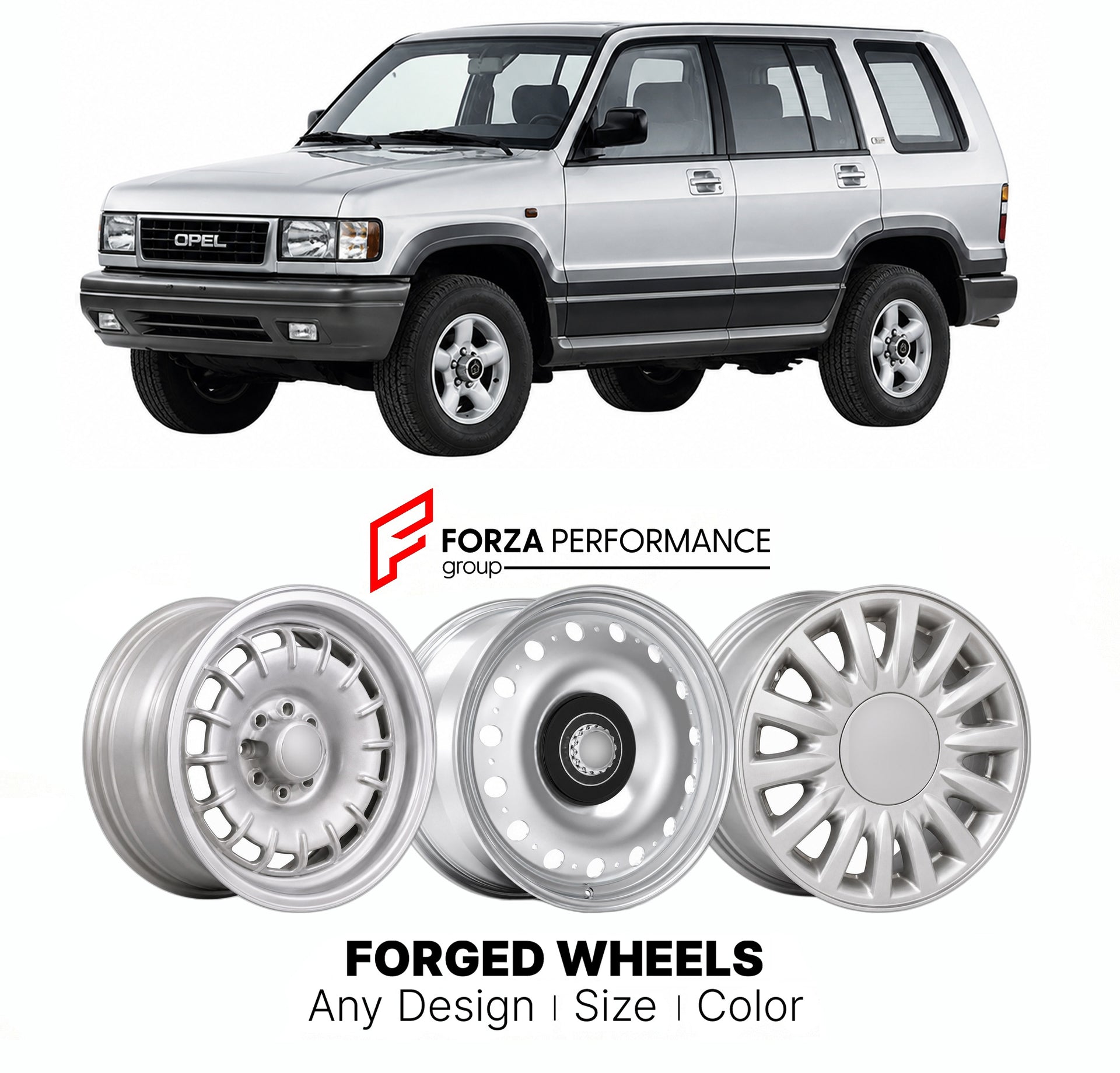 We manufacture premium quality forged wheels rims for Opel Monterey A 1992 - 1998 in any design, size, color.

THIS WHEEL DESIGN CAN BE CUSTOM-MADE FOR YOUR CAR IN ANY SIZE AND COLOR OPTIONS
Available in monoblock, 2-piece, 3-piece, duoblock, beadlock
3D wheel renderings are provided according to the exact dimensions and specifications requested by the client, ensuring proper fitment for their car prior to production
OPTIONS:

Brushed, polished, chrome, dual-color, milled face, anodized
Floating spinning ce