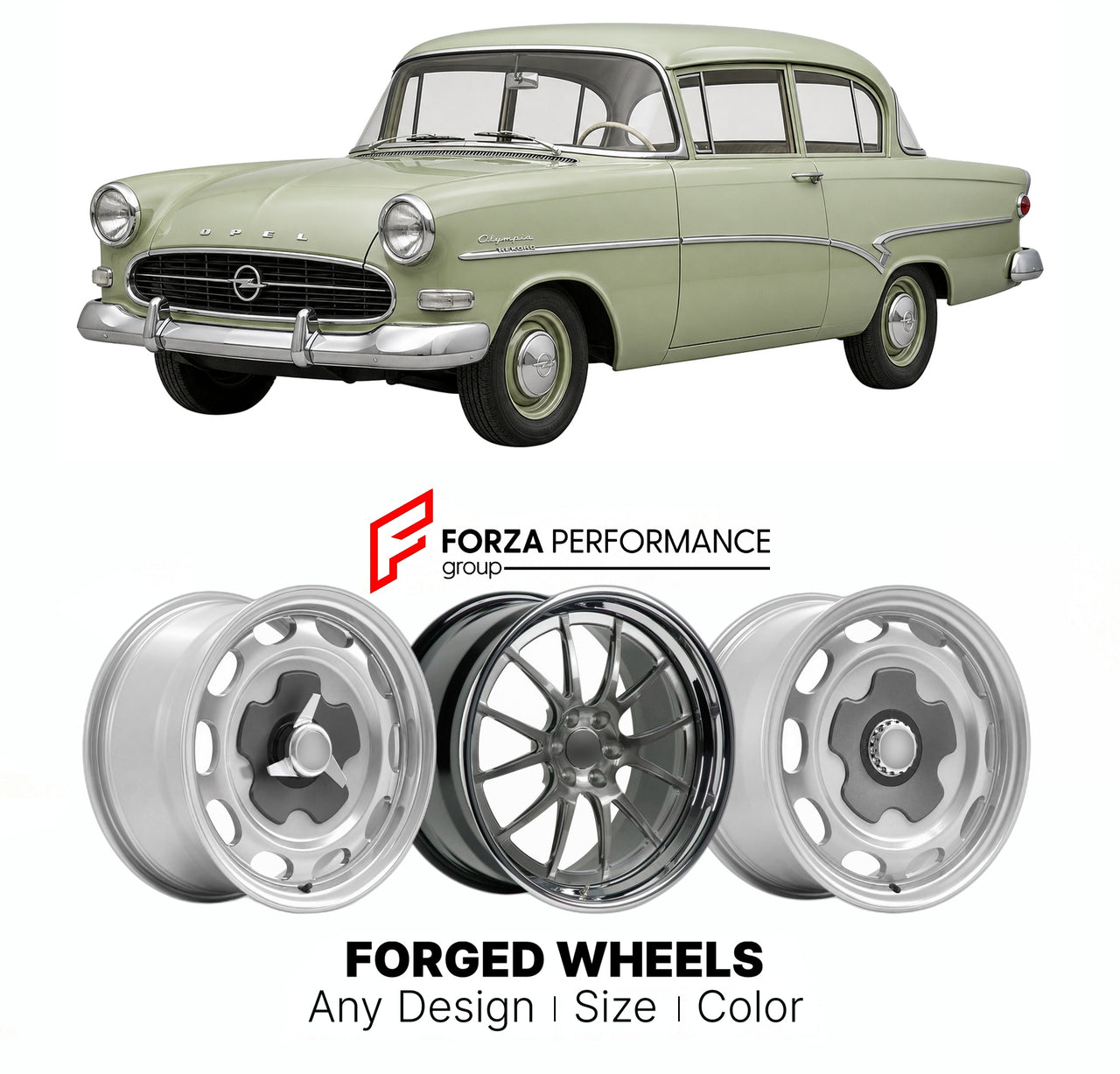 CUSTOM CLASSIC VINTAGE RESTOMOD RETRO OLD SCHOOL FORGED WHEELS RIMS for OPEL OLYMPIA REKORD P1 1957 - 1960

Custom forged wheels for Opel Olympia Rekord P1 1957 - 1960. Classic, vintage, restomod wheel designs made to order in custom sizes, offsets, colors and finishes.

We manufacture premium quality forged wheels rims for Opel Olympia Rekord P1 1957 - 1960 in any design, size, color.

THIS WHEEL DESIGN CAN BE CUSTOM-MADE FOR YOUR CAR IN ANY SIZE AND COLOR OPTIONS
Available in monoblock, 2-piece, 3-piece, 