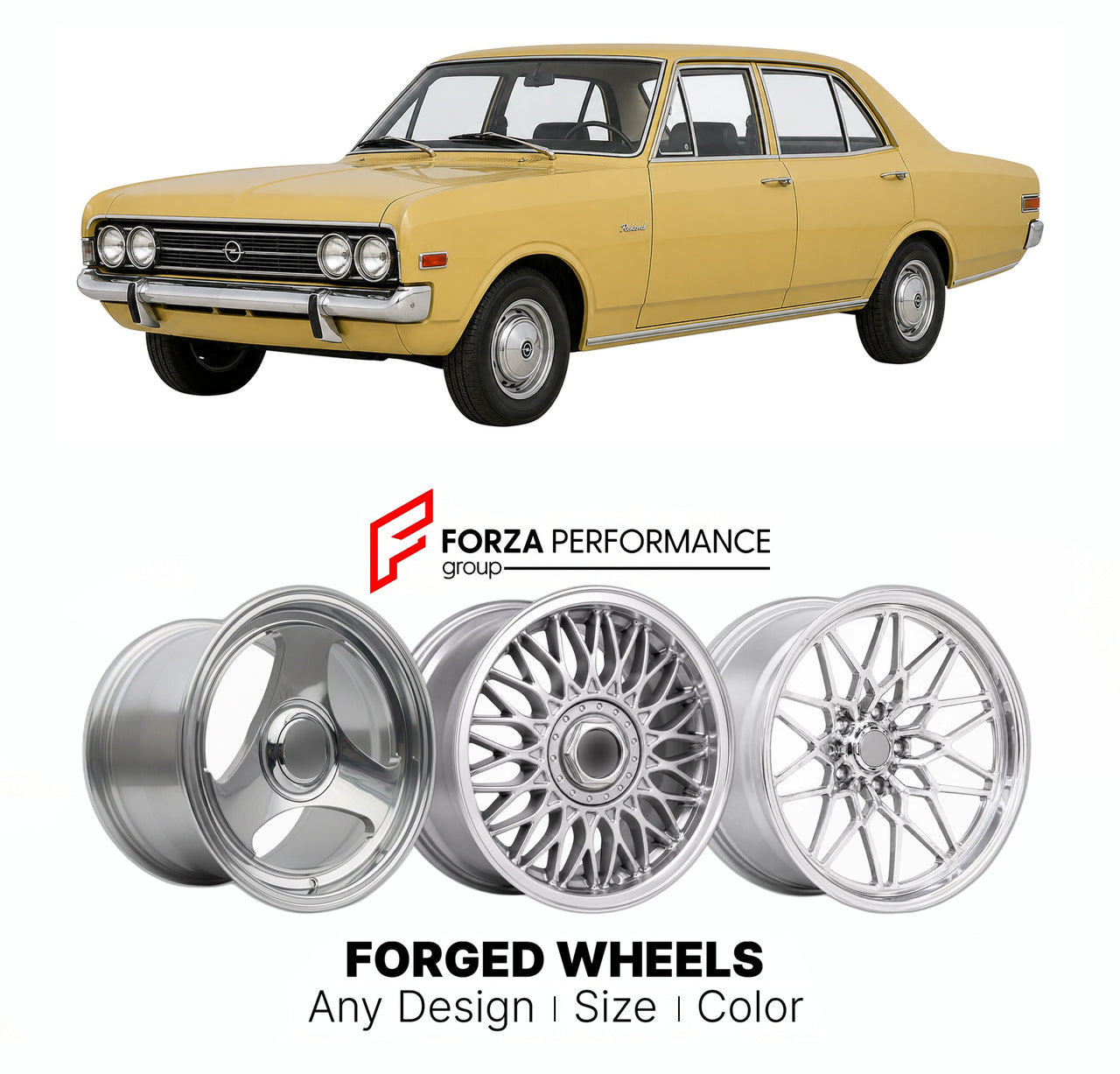 CUSTOM CLASSIC VINTAGE RESTOMOD RETRO OLD SCHOOL FORGED WHEELS RIMS for OPEL REKORD 1971 - 1977

Custom forged wheels for Opel Rekord 1971 - 1977. Classic, vintage, restomod wheel designs made to order in custom sizes, offsets, colors and finishes.

We manufacture premium quality forged wheels rims for Opel Rekord 1971 - 1977 in any design, size, color.

THIS WHEEL DESIGN CAN BE CUSTOM-MADE FOR YOUR CAR IN ANY SIZE AND COLOR OPTIONS
Available in monoblock, 2-piece, 3-piece, duoblock, beadlock
3D wheel rende