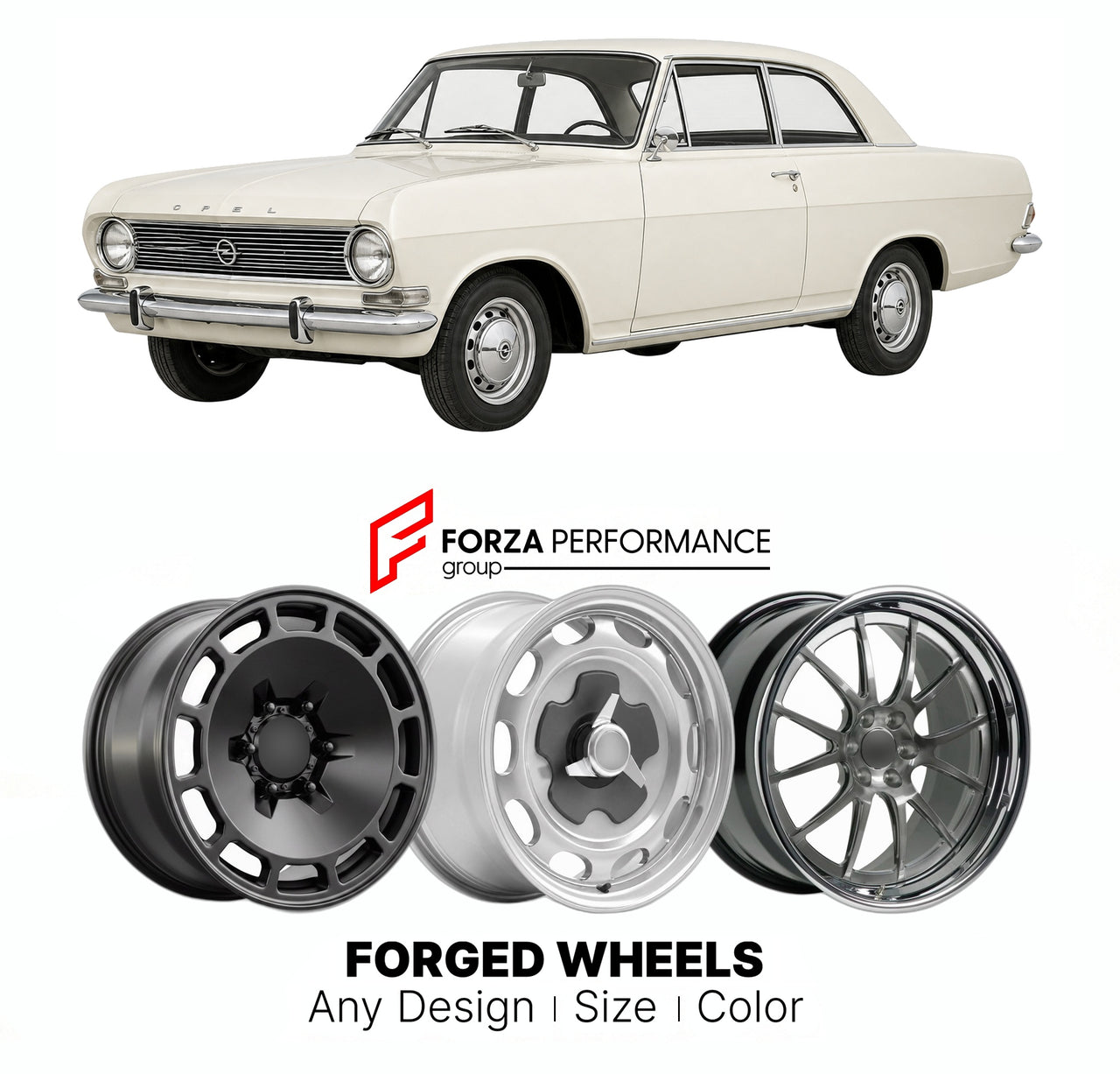 CUSTOM CLASSIC VINTAGE RESTOMOD RETRO OLD SCHOOL FORGED WHEELS RIMS for OPEL REKORD A 1963 - 1965

Custom forged wheels for Opel Rekord A 1963 - 1965. Classic, vintage, restomod wheel designs made to order in custom sizes, offsets, colors and finishes.

We manufacture premium quality forged wheels rims for Opel Rekord A 1963 - 1965 in any design, size, color.

THIS WHEEL DESIGN CAN BE CUSTOM-MADE FOR YOUR CAR IN ANY SIZE AND COLOR OPTIONS
Available in monoblock, 2-piece, 3-piece, duoblock, beadlock
3D wheel