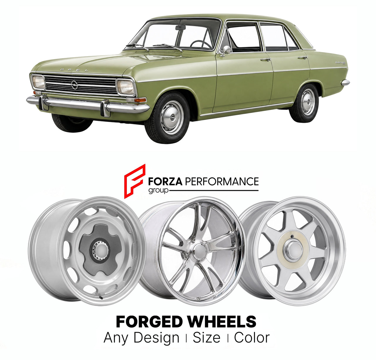 CUSTOM CLASSIC VINTAGE RESTOMOD RETRO OLD SCHOOL FORGED WHEELS RIMS for OPEL REKORD B 1965 - 1966

Custom forged wheels for Opel Rekord B 1965 - 1966. Classic, vintage, restomod wheel designs made to order in custom sizes, offsets, colors and finishes.

We manufacture premium quality forged wheels rims for Opel Rekord B 1965 - 1966 in any design, size, color.

THIS WHEEL DESIGN CAN BE CUSTOM-MADE FOR YOUR CAR IN ANY SIZE AND COLOR OPTIONS
Available in monoblock, 2-piece, 3-piece, duoblock, beadlock
3D wheel