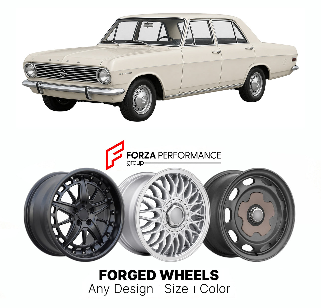 CUSTOM CLASSIC VINTAGE RESTOMOD RETRO OLD SCHOOL FORGED WHEELS RIMS for OPEL REKORD C 1966 - 1971

Custom forged wheels for Opel Rekord C 1966 - 1971. Classic, vintage, restomod wheel designs made to order in custom sizes, offsets, colors and finishes.

We manufacture premium quality forged wheels rims for Opel Rekord C 1966 - 1971 in any design, size, color.

THIS WHEEL DESIGN CAN BE CUSTOM-MADE FOR YOUR CAR IN ANY SIZE AND COLOR OPTIONS
Available in monoblock, 2-piece, 3-piece, duoblock, beadlock
3D wheel