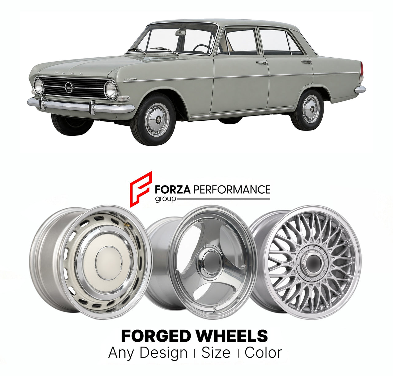CUSTOM CLASSIC VINTAGE RESTOMOD RETRO OLD SCHOOL FORGED WHEELS RIMS for OPEL REKORD OMEGA SENATOR A 1963 - 1965

Custom forged wheels for Opel Rekord Omega Senator A 1963 - 1965. Classic, vintage, restomod wheel designs made to order in custom sizes, offsets, colors and finishes.

We manufacture premium quality forged wheels rims for Opel Rekord Omega Senator A 1963 - 1965 in any design, size, color.

THIS WHEEL DESIGN CAN BE CUSTOM-MADE FOR YOUR CAR IN ANY SIZE AND COLOR OPTIONS
Available in monoblock, 2-p