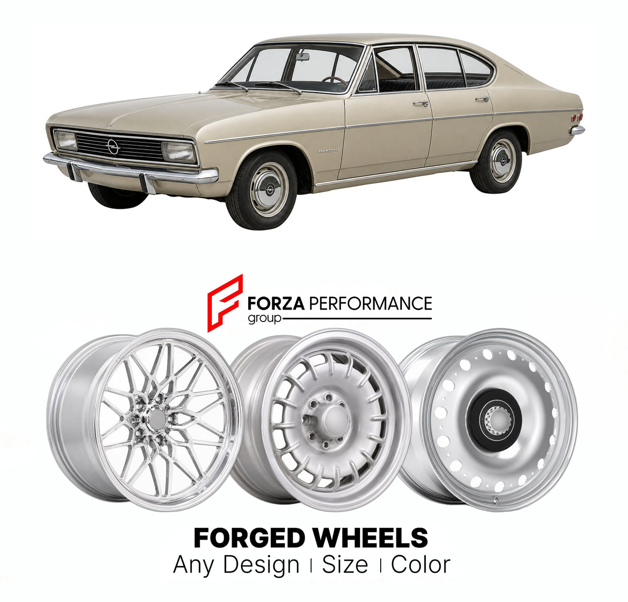 CUSTOM CLASSIC VINTAGE RESTOMOD RETRO OLD SCHOOL FORGED WHEELS RIMS for OPEL REKORD OMEGA SENATOR B 1965 - 1966

Custom forged wheels for Opel Rekord Omega Senator B 1965 - 1966. Classic, vintage, restomod wheel designs made to order in custom sizes, offsets, colors and finishes.

We manufacture premium quality forged wheels rims for Opel Rekord Omega Senator B 1965 - 1966 in any design, size, color.

THIS WHEEL DESIGN CAN BE CUSTOM-MADE FOR YOUR CAR IN ANY SIZE AND COLOR OPTIONS
Available in monoblock, 2-p