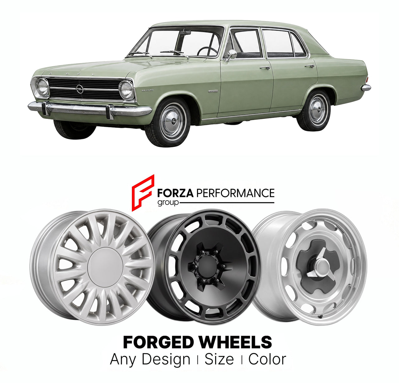 CUSTOM CLASSIC VINTAGE RESTOMOD RETRO OLD SCHOOL FORGED WHEELS RIMS for OPEL REKORD OMEGA SENATOR C 1966 - 1971

Custom forged wheels for Opel Rekord Omega Senator C 1966 - 1971. Classic, vintage, restomod wheel designs made to order in custom sizes, offsets, colors and finishes.

We manufacture premium quality forged wheels rims for Opel Rekord Omega Senator C 1966 - 1971 in any design, size, color.

THIS WHEEL DESIGN CAN BE CUSTOM-MADE FOR YOUR CAR IN ANY SIZE AND COLOR OPTIONS
Available in monoblock, 2-p