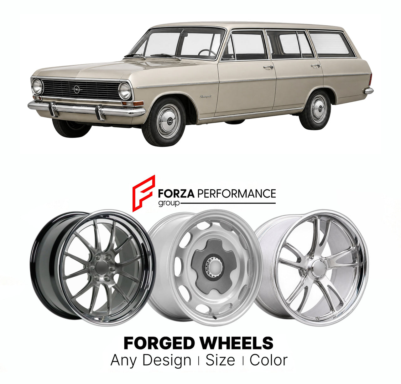 CUSTOM CLASSIC VINTAGE RESTOMOD RETRO OLD SCHOOL FORGED WHEELS RIMS for OPEL REKORD OMEGA SENATOR C CARAVAN 1966 - 1971

Custom forged wheels for Opel Rekord Omega Senator C Caravan 1966 - 1971. Classic, vintage, restomod wheel designs made to order in custom sizes, offsets, colors and finishes.

We manufacture premium quality forged wheels rims for Opel Rekord Omega Senator C Caravan 1966 - 1971 in any design, size, color.

THIS WHEEL DESIGN CAN BE CUSTOM-MADE FOR YOUR CAR IN ANY SIZE AND COLOR OPTIONS
Ava
