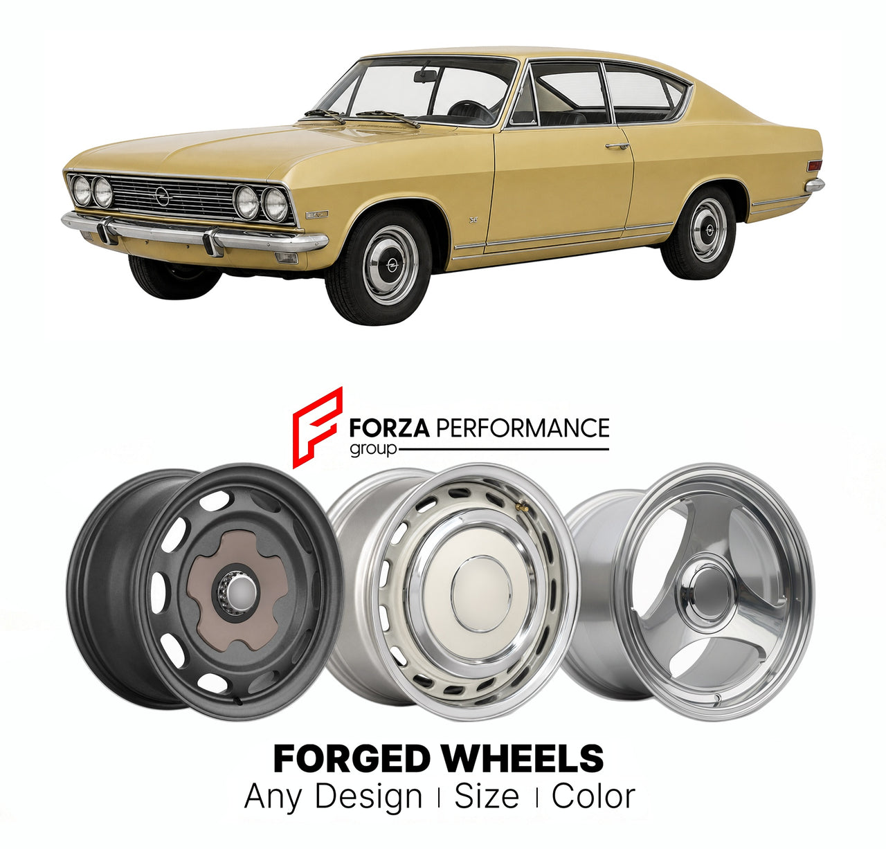 CUSTOM CLASSIC VINTAGE RESTOMOD RETRO OLD SCHOOL FORGED WHEELS RIMS for OPEL REKORD OMEGA SENATOR COMMODORE B 1972 - 1977

Custom forged wheels for Opel Rekord Omega Senator Commodore B 1972 - 1977. Classic, vintage, restomod wheel designs made to order in custom sizes, offsets, colors and finishes.

We manufacture premium quality forged wheels rims for Opel Rekord Omega Senator Commodore B 1972 - 1977 in any design, size, color.

THIS WHEEL DESIGN CAN BE CUSTOM-MADE FOR YOUR CAR IN ANY SIZE AND COLOR OPTIO