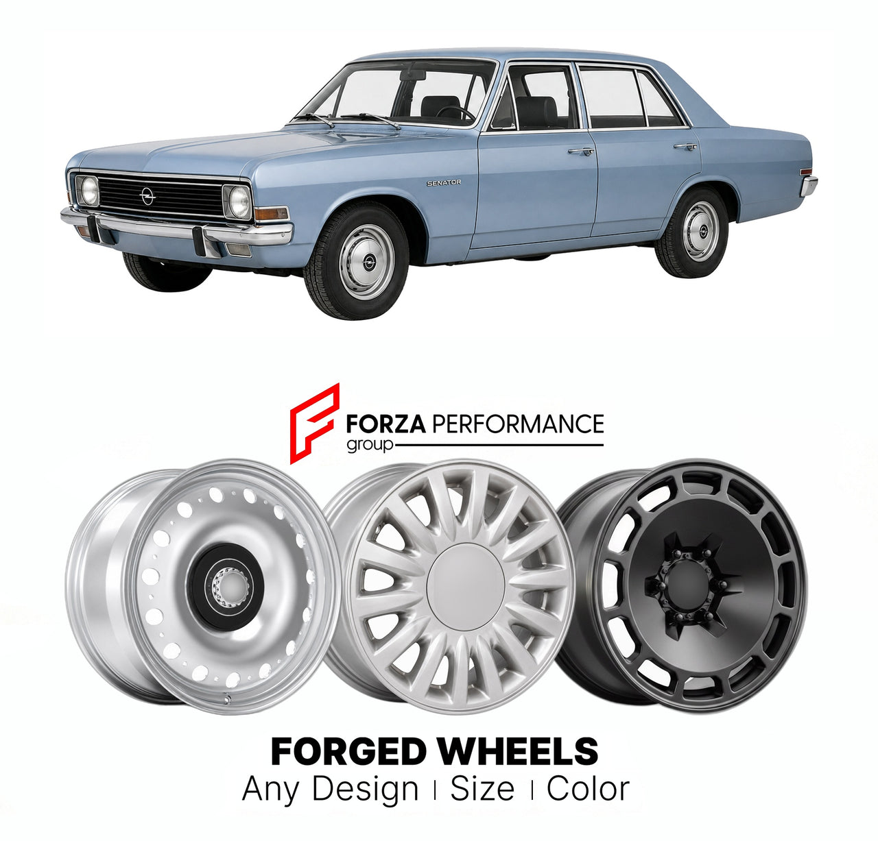 CUSTOM CLASSIC VINTAGE RESTOMOD RETRO OLD SCHOOL FORGED WHEELS RIMS for OPEL REKORD OMEGA SENATOR D 1972 - 1977

Custom forged wheels for Opel Rekord Omega Senator D 1972 - 1977. Classic, vintage, restomod wheel designs made to order in custom sizes, offsets, colors and finishes.

We manufacture premium quality forged wheels rims for Opel Rekord Omega Senator D 1972 - 1977 in any design, size, color.

THIS WHEEL DESIGN CAN BE CUSTOM-MADE FOR YOUR CAR IN ANY SIZE AND COLOR OPTIONS
Available in monoblock, 2-p