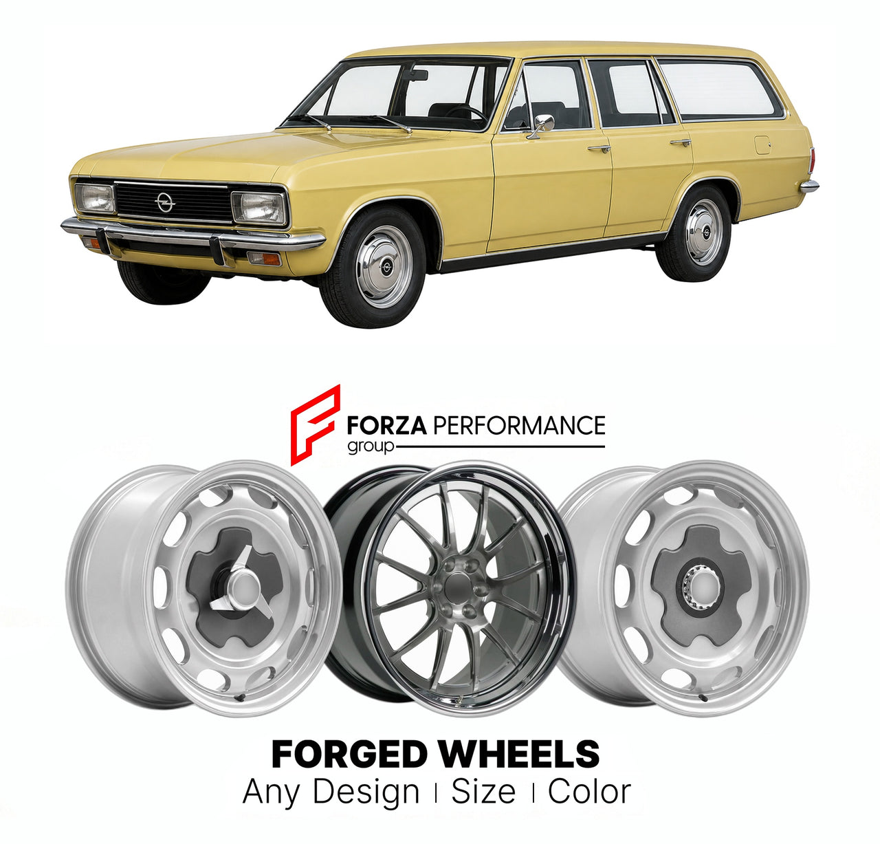 CUSTOM CLASSIC VINTAGE RESTOMOD RETRO OLD SCHOOL FORGED WHEELS RIMS for OPEL REKORD OMEGA SENATOR D CARAVAN 1972 - 1977

Custom forged wheels for Opel Rekord Omega Senator D Caravan 1972 - 1977. Classic, vintage, restomod wheel designs made to order in custom sizes, offsets, colors and finishes.

We manufacture premium quality forged wheels rims for Opel Rekord Omega Senator D Caravan 1972 - 1977 in any design, size, color.

THIS WHEEL DESIGN CAN BE CUSTOM-MADE FOR YOUR CAR IN ANY SIZE AND COLOR OPTIONS
Ava