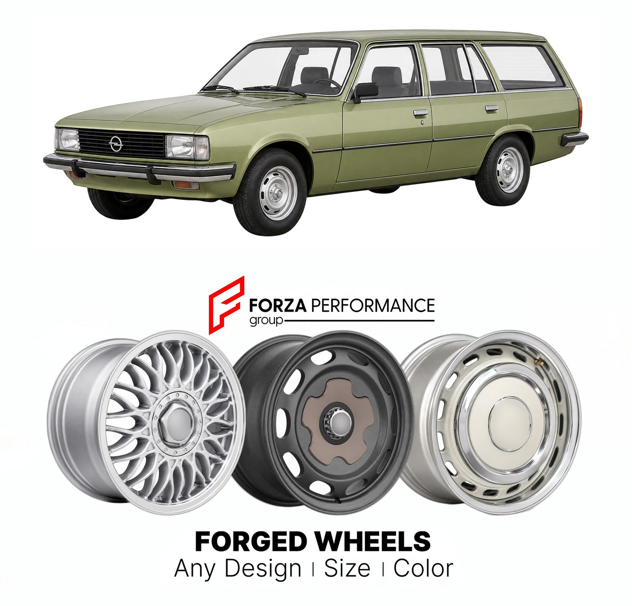 CUSTOM CLASSIC VINTAGE RESTOMOD RETRO OLD SCHOOL FORGED WHEELS RIMS for OPEL REKORD OMEGA SENATOR E CARAVAN 1977 - 1986

Custom forged wheels for Opel Rekord Omega Senator E Caravan 1977 - 1986. Classic, vintage, restomod wheel designs made to order in custom sizes, offsets, colors and finishes.

We manufacture premium quality forged wheels rims for Opel Rekord Omega Senator E Caravan 1977 - 1986 in any design, size, color.

THIS WHEEL DESIGN CAN BE CUSTOM-MADE FOR YOUR CAR IN ANY SIZE AND COLOR OPTIONS
Ava