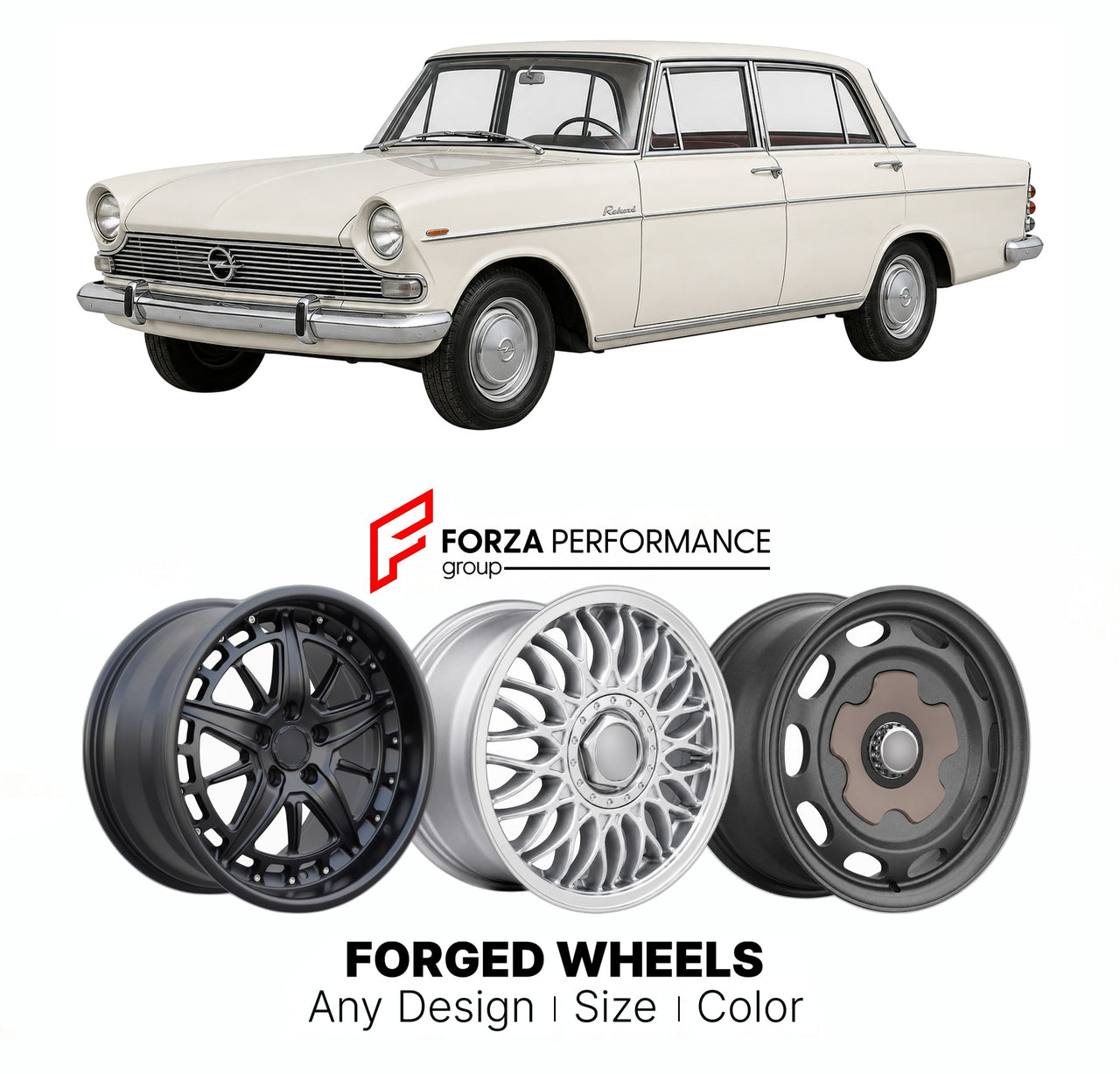 CUSTOM CLASSIC VINTAGE RESTOMOD RETRO OLD SCHOOL FORGED WHEELS RIMS for OPEL REKORD OMEGA SENATOR P2 1960 - 1963

Custom forged wheels for Opel Rekord Omega Senator P2 1960 - 1963. Classic, vintage, restomod wheel designs made to order in custom sizes, offsets, colors and finishes.

We manufacture premium quality forged wheels rims for Opel Rekord Omega Senator P2 1960 - 1963 in any design, size, color.

THIS WHEEL DESIGN CAN BE CUSTOM-MADE FOR YOUR CAR IN ANY SIZE AND COLOR OPTIONS
Available in monoblock, 