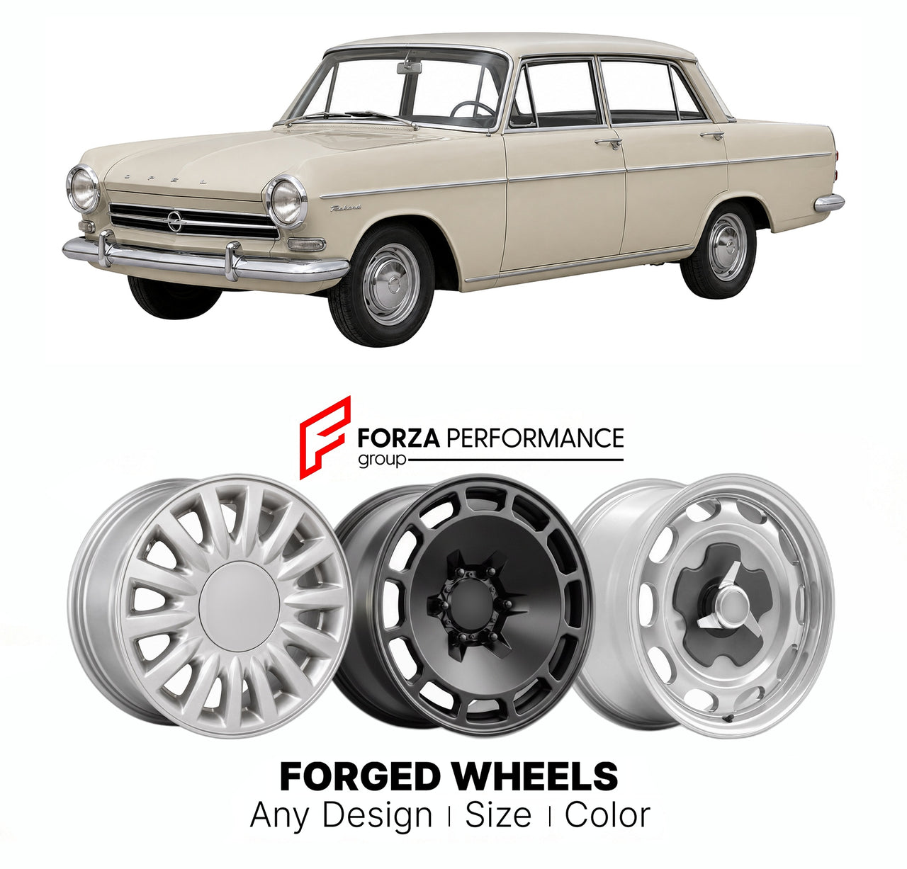 CUSTOM CLASSIC VINTAGE RESTOMOD RETRO OLD SCHOOL FORGED WHEELS RIMS for OPEL REKORD P2 1960 - 1963

Custom forged wheels for Opel Rekord P2 1960 - 1963. Classic, vintage, restomod wheel designs made to order in custom sizes, offsets, colors and finishes.

We manufacture premium quality forged wheels rims for Opel Rekord P2 1960 - 1963 in any design, size, color.

THIS WHEEL DESIGN CAN BE CUSTOM-MADE FOR YOUR CAR IN ANY SIZE AND COLOR OPTIONS
Available in monoblock, 2-piece, 3-piece, duoblock, beadlock
3D wh
