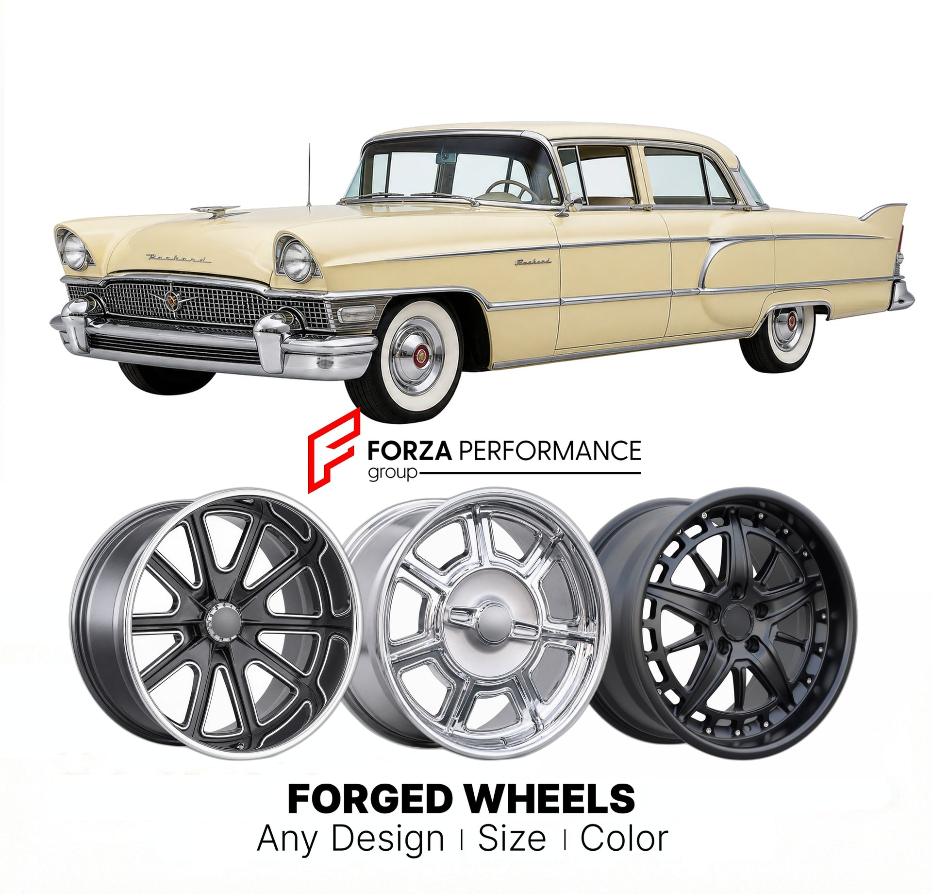CUSTOM CLASSIC VINTAGE RESTOMOD RETRO OLD SCHOOL FORGED WHEELS RIMS for PACKARD PATRICIAN 1958 - 1958
Custom forged wheels for classic American muscle cars. Ideal for restomod builds, vintage restorations, and show cars. Deep dish and retro styling available.

We manufacture premium quality forged wheels rims for Packard Patrician 1958 - 1958 in any design, size, color.

THIS WHEEL DESIGN CAN BE CUSTOM-MADE FOR YOUR CAR IN ANY SIZE AND COLOR OPTIONS
Available in monoblock, 2-piece, 3-piece, duoblock, beadlo