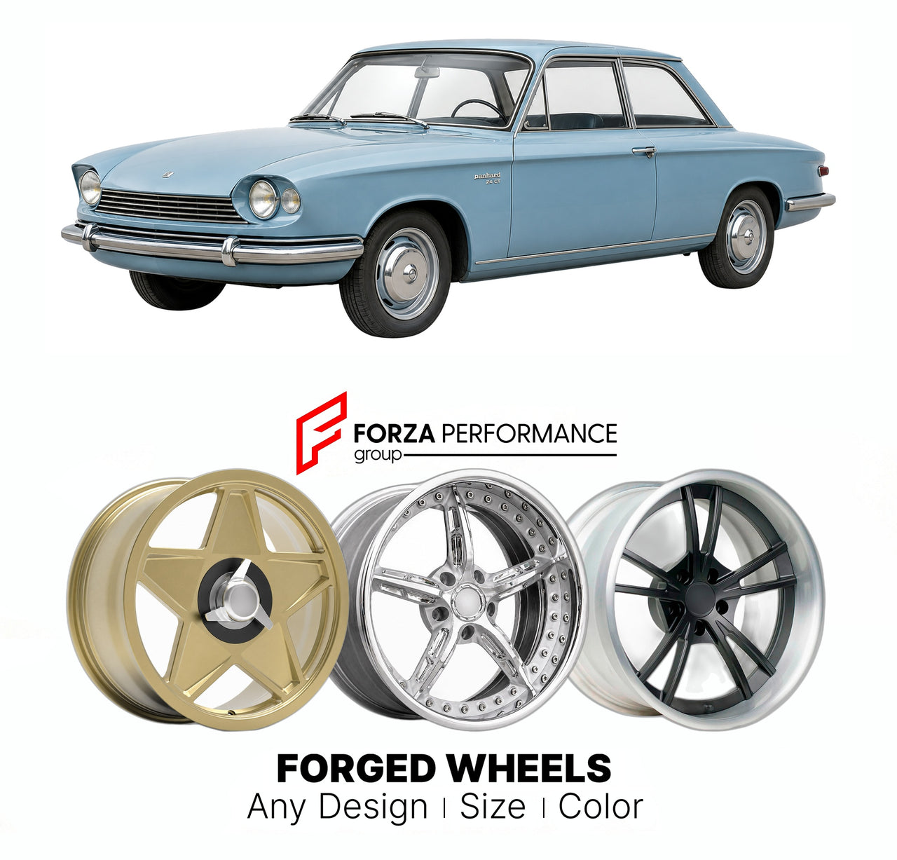 CUSTOM CLASSIC VINTAGE RESTOMOD RETRO OLD SCHOOL FORGED WHEELS RIMS for PANHARD 24 CT BT 1963 - 1967

Custom forged wheels for Panhard 24 CT BT 1963 - 1967. Classic, vintage, restomod wheel designs made to order in custom sizes, offsets, colors and finishes.

We manufacture premium quality forged wheels rims for Panhard 24 CT BT 1963 - 1967 in any design, size, color.

THIS WHEEL DESIGN CAN BE CUSTOM-MADE FOR YOUR CAR IN ANY SIZE AND COLOR OPTIONS
Available in monoblock, 2-piece, 3-piece, duoblock, beadlock