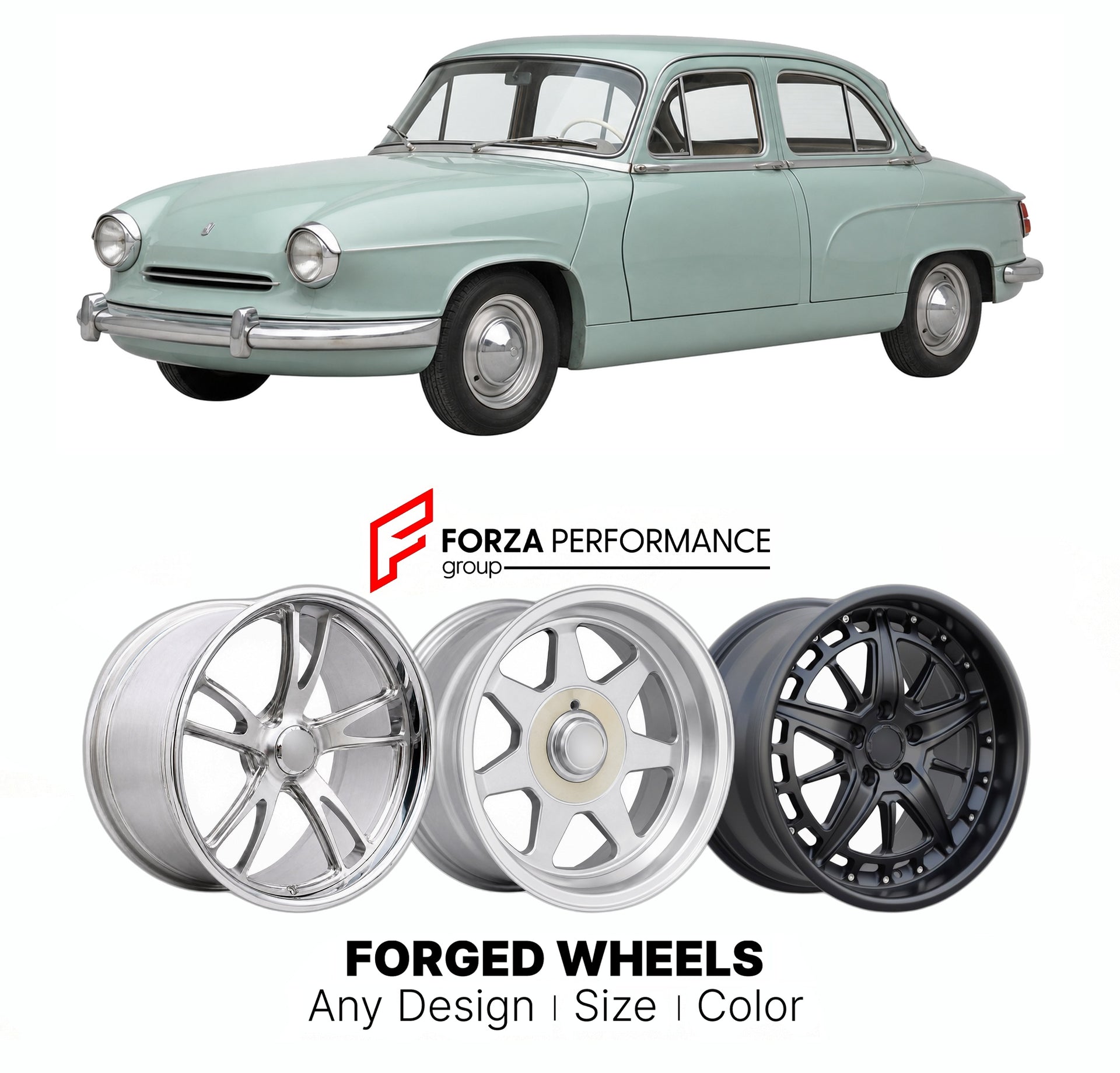 CUSTOM CLASSIC VINTAGE RESTOMOD RETRO OLD SCHOOL FORGED WHEELS RIMS for PANHARD PL 17 1959 - 1965

Custom forged wheels for Panhard PL 17 1959 - 1965. Classic, vintage, restomod wheel designs made to order in custom sizes, offsets, colors and finishes.

We manufacture premium quality forged wheels rims for Panhard PL 17 1959 - 1965 in any design, size, color.

THIS WHEEL DESIGN CAN BE CUSTOM-MADE FOR YOUR CAR IN ANY SIZE AND COLOR OPTIONS
Available in monoblock, 2-piece, 3-piece, duoblock, beadlock
3D wheel