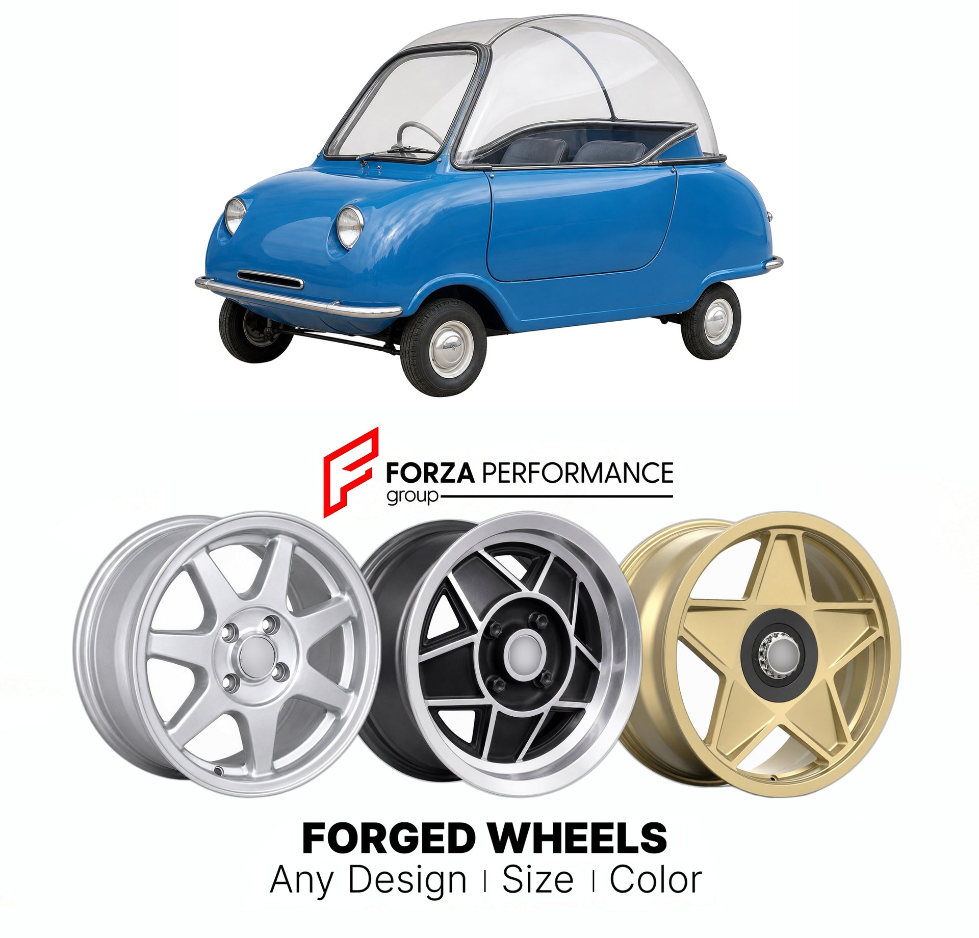 CUSTOM CLASSIC VINTAGE RESTOMOD RETRO OLD SCHOOL FORGED WHEELS RIMS for PEEL TRIDENT 1965 - 1966

Custom forged wheels for Peel Trident 1965 - 1966. Classic, vintage, restomod wheel designs made to order in custom sizes, offsets, colors and finishes.

We manufacture premium quality forged wheels rims for Peel Trident 1965 - 1966 in any design, size, color.

THIS WHEEL DESIGN CAN BE CUSTOM-MADE FOR YOUR CAR IN ANY SIZE AND COLOR OPTIONS
Available in monoblock, 2-piece, 3-piece, duoblock, beadlock
3D wheel re