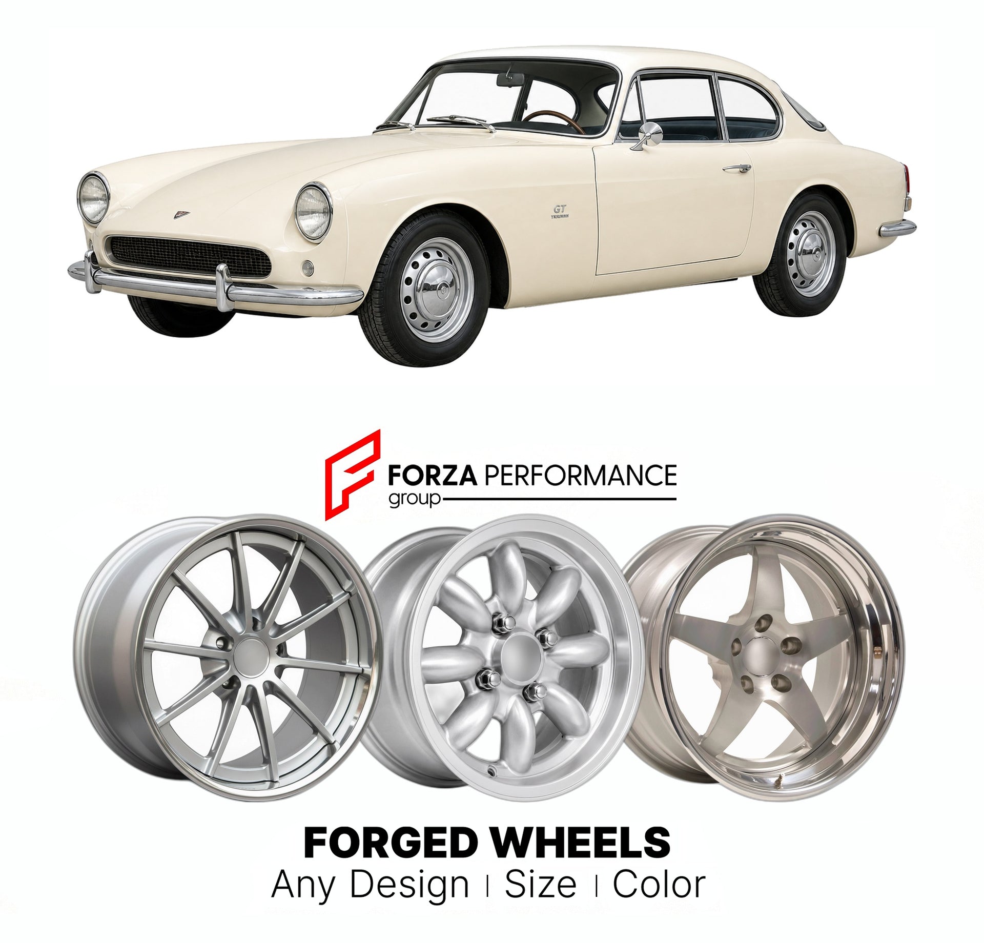 CUSTOM CLASSIC VINTAGE RESTOMOD RETRO OLD SCHOOL FORGED WHEELS RIMS for PEERLESS GT TRIUMPH 1957 - 1960

Custom forged wheels for Peerless GT Triumph 1957 - 1960. Classic, vintage, restomod wheel designs made to order in custom sizes, offsets, colors and finishes.

We manufacture premium quality forged wheels rims for Peerless GT Triumph 1957 - 1960 in any design, size, color.

THIS WHEEL DESIGN CAN BE CUSTOM-MADE FOR YOUR CAR IN ANY SIZE AND COLOR OPTIONS
Available in monoblock, 2-piece, 3-piece, duoblock,